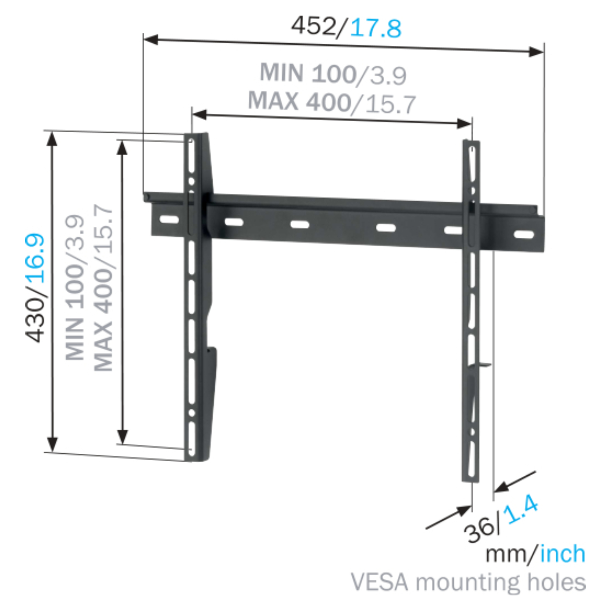 Soporte de pared negro para TV, con medidas y orificios VESA. Fondo blanco.
