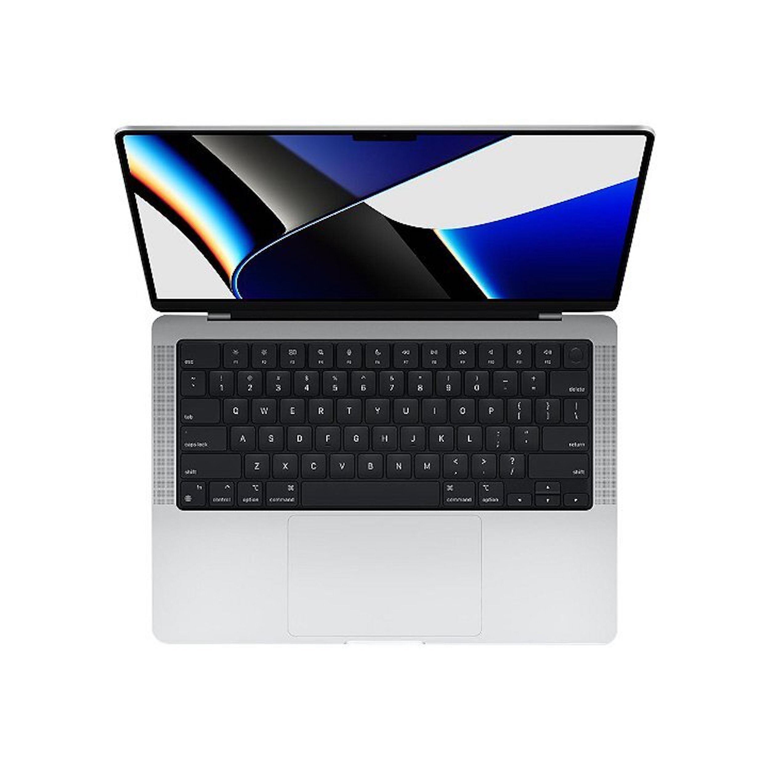 Ordenador portátil desde arriba con la pantalla abierta. Teclado negro, cuerpo plateado. Fondo blanco.