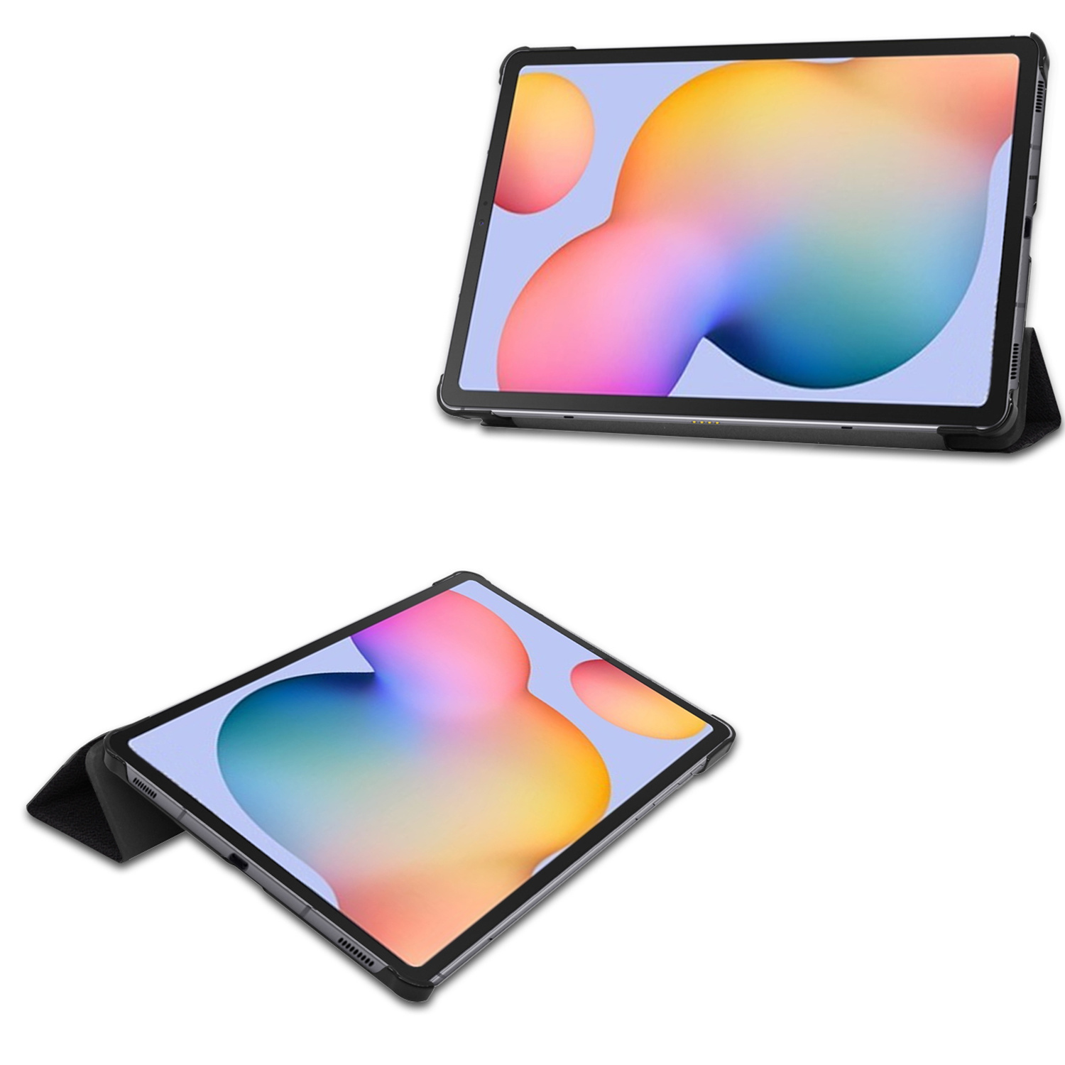 Twee afbeeldingen van een tablet in een zwarte hoes. Eén onder een hoek, één plat, witte achtergrond.