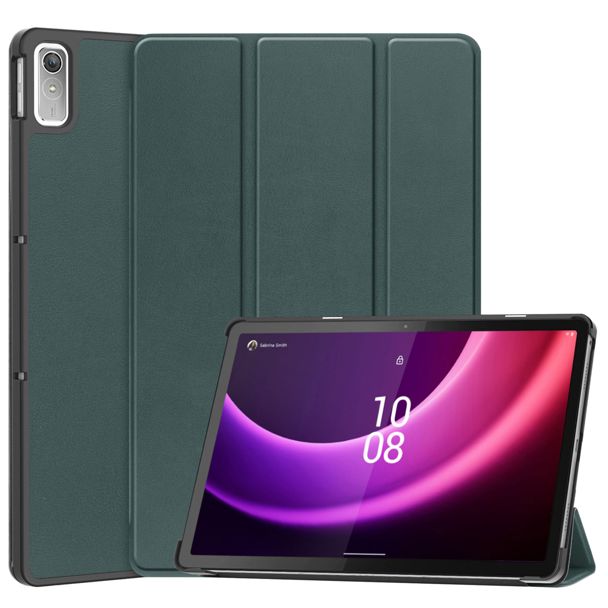 Tablet with a green cover and black frame, showing the screen with digital numbers.