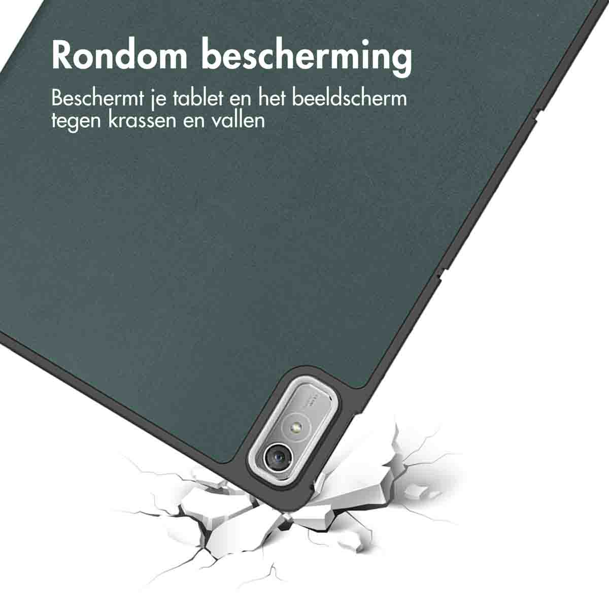 Tablet's corner falling, showing a close-up of the camera and frame. The surface cracks below.