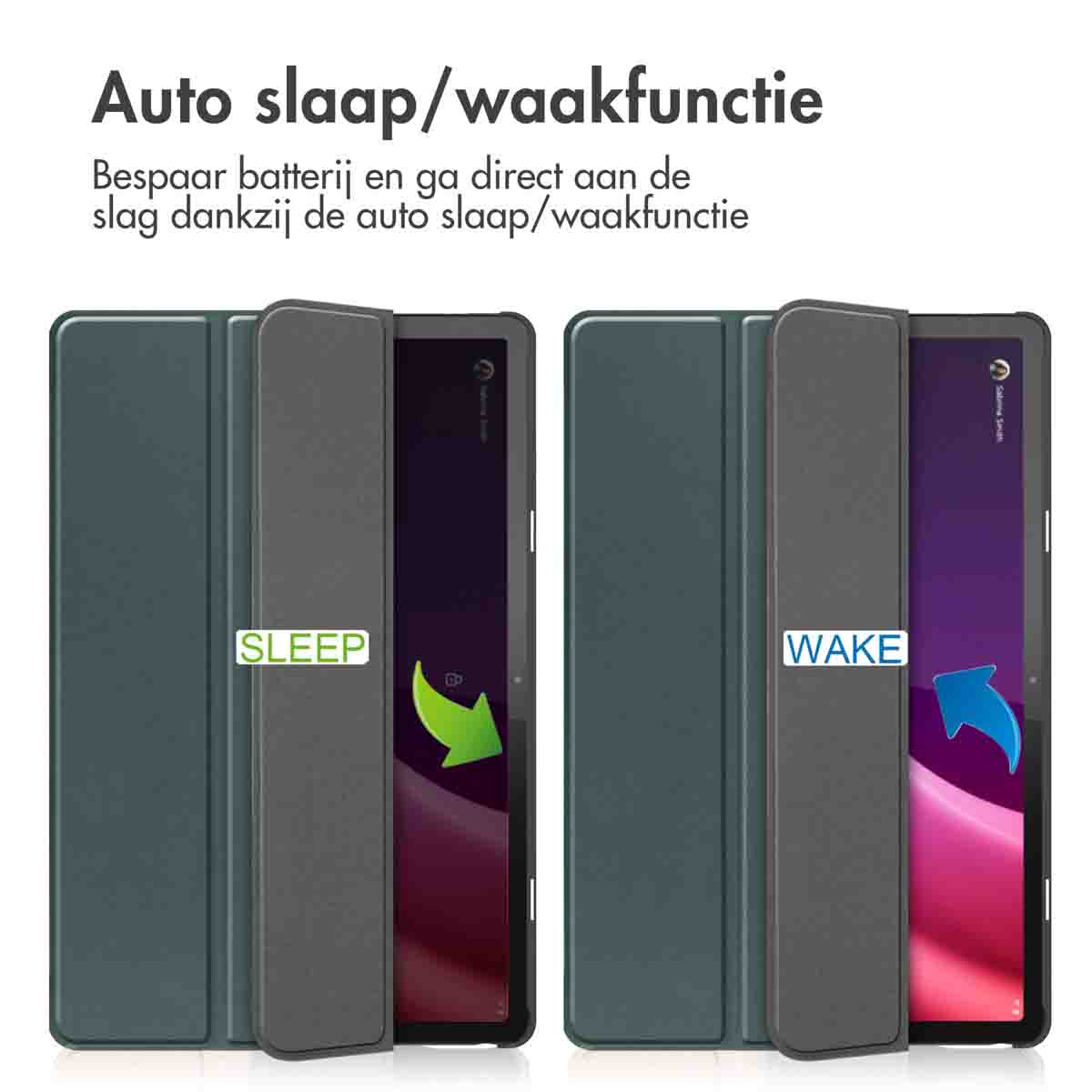 Two tablet cases, one open with 'WAKE' arrow, the other closed with 'SLEEP'. Both show arrows.