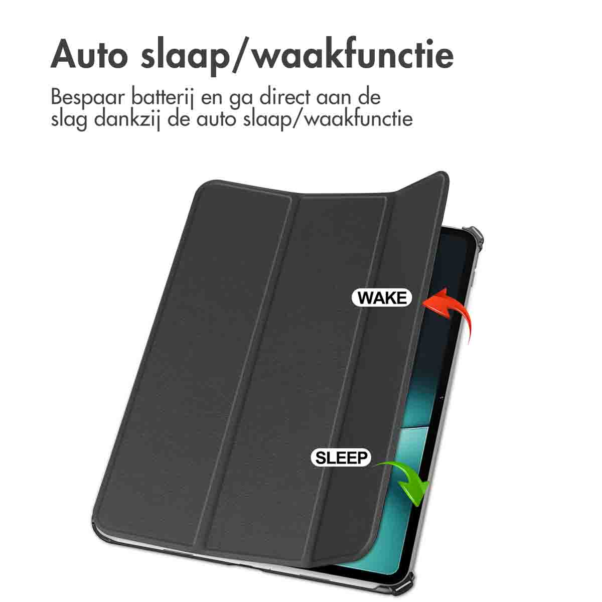 Tablethoes toont 'WAKE' open en 'SLEEP' gesloten. De hoes is zwart met scherm zichtbaar.