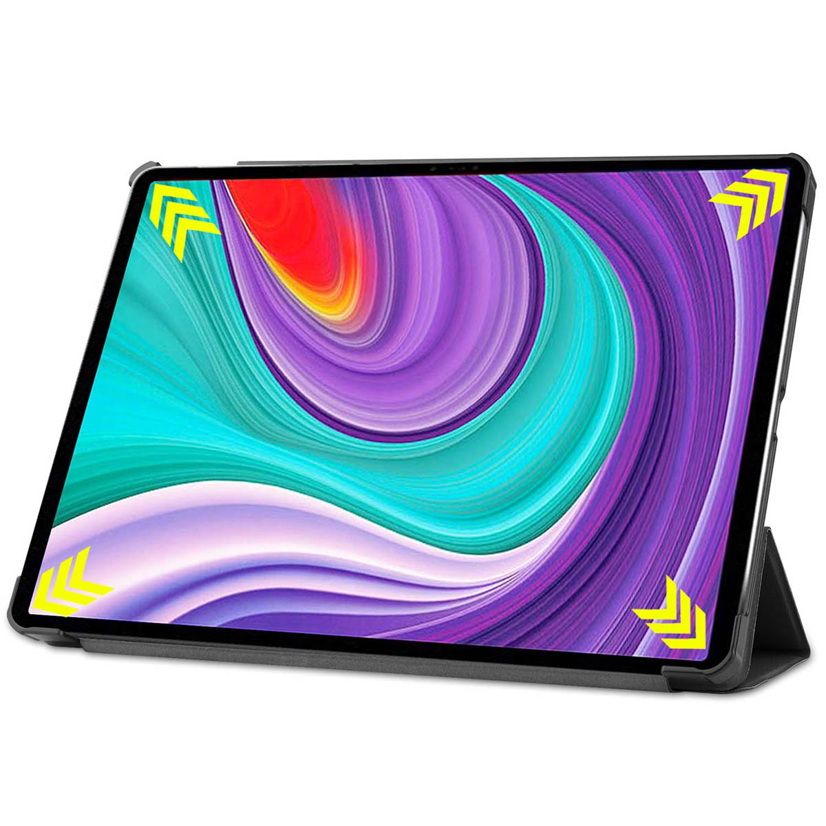 A tablet in a black case, displaying a colorful abstract background.