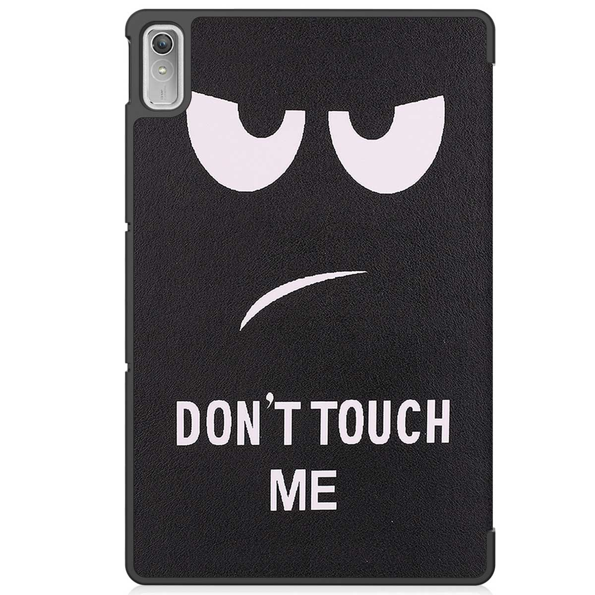 Black tablet case with white eyes and a frown, and the text 'DON'T TOUCH ME' in white.