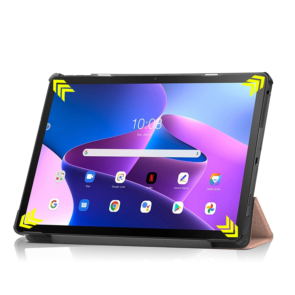 Tablet with black case displaying a purple interface, in a stand with a gold color.