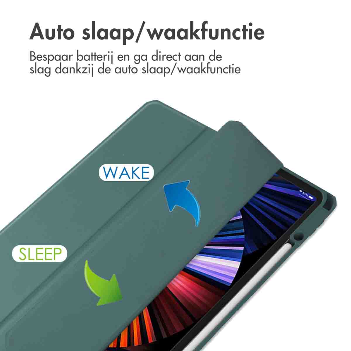 Green tablet cover with sleep/wake function. The cover is open. Text on top: Auto sleep/wake functie.