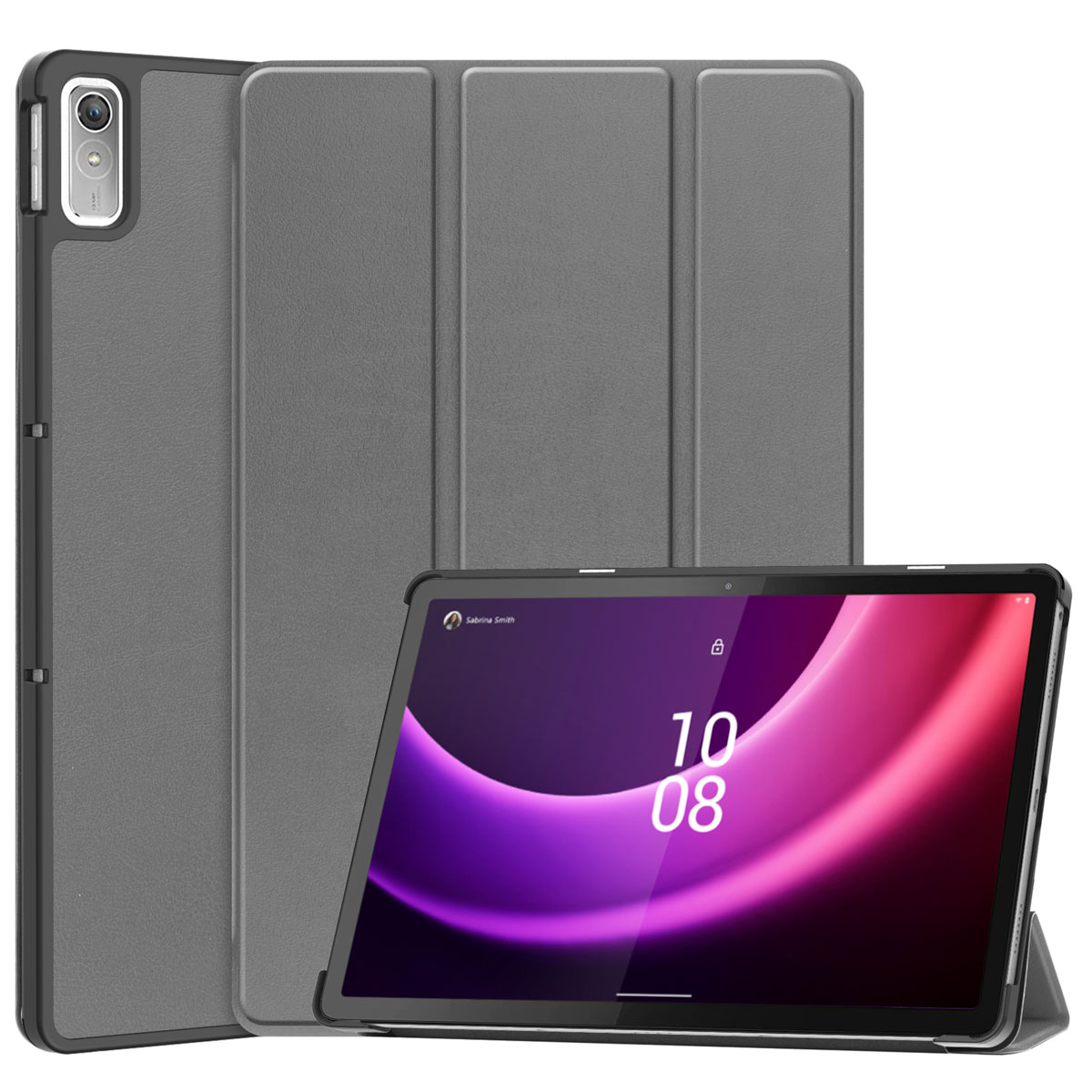 A tablet with a gray case, showing a colorful screen and a camera. The tablet is propped up.