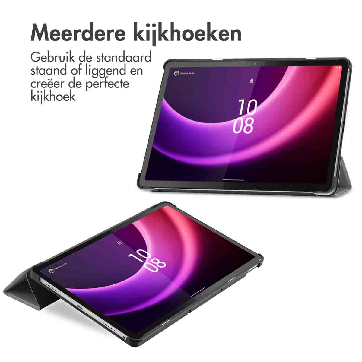 Two tablets in cases. One is propped up. They show screens with a digital clock.