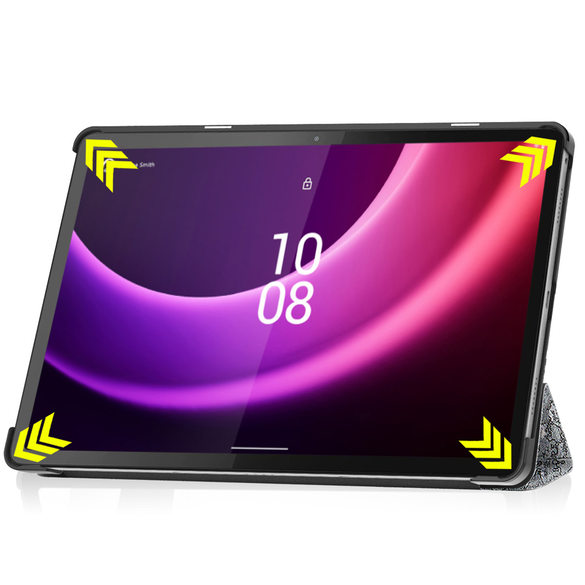 Een tablet in een zwarte hoes met gele hoekaccenten. Het scherm toont een paars display.