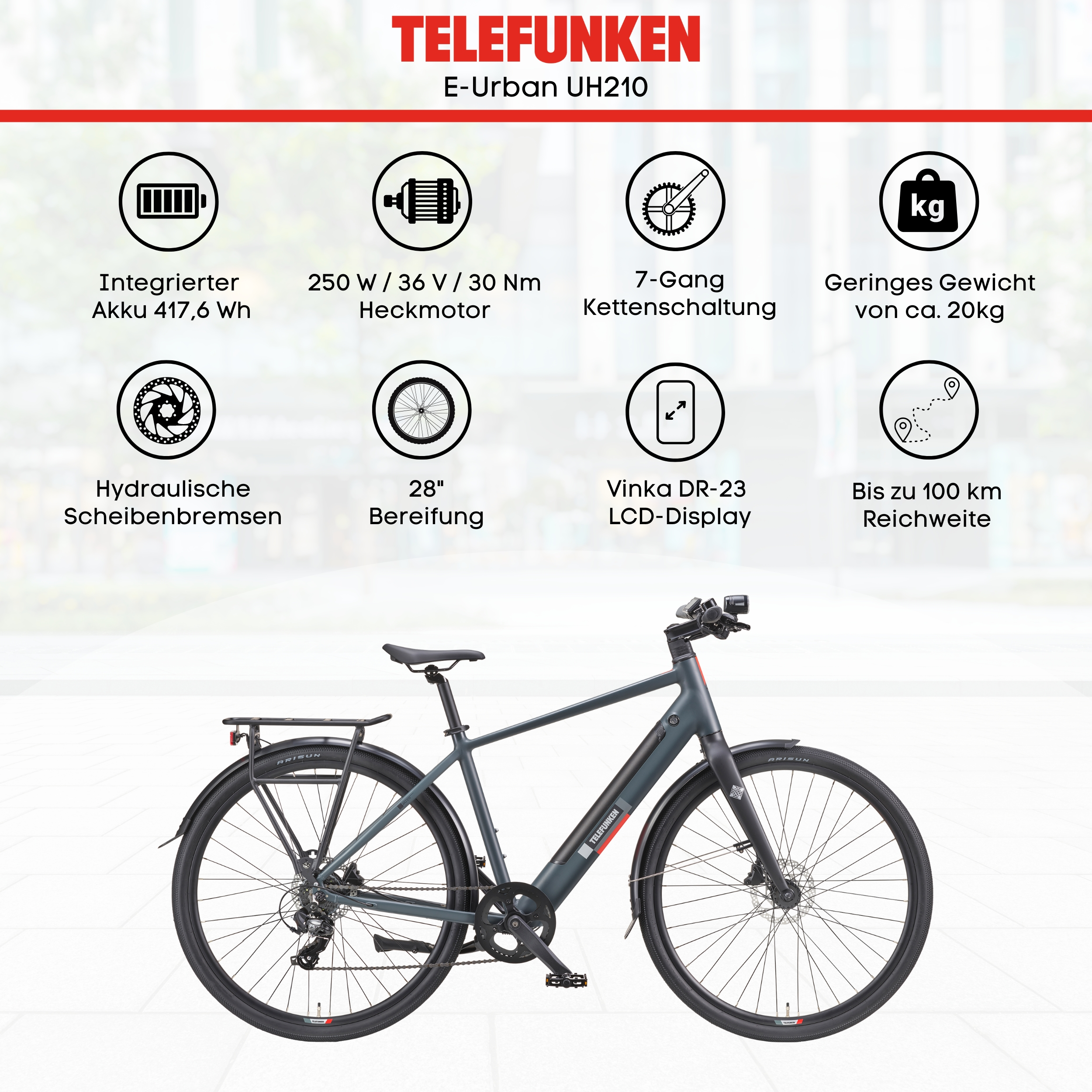 Ein E-Bike mit Textkennzeichnungen seiner Eigenschaften. Dunkelgraue Farbe.