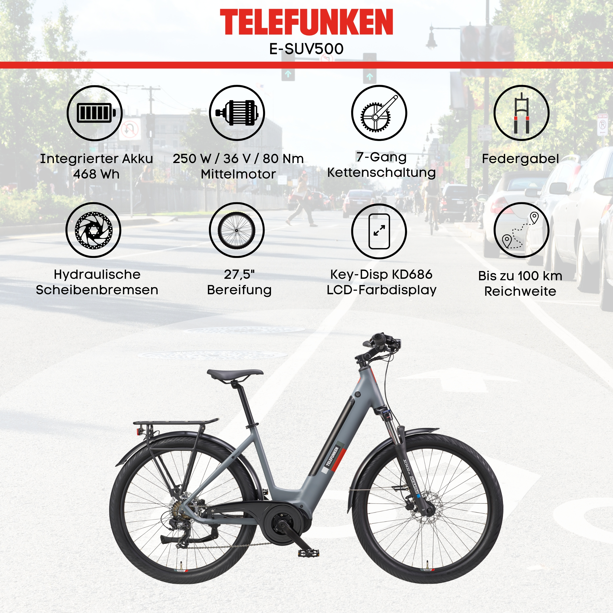 Graues Telefunken Elektrofahrrad mit Spezifikationen auf weißem Hintergrund.