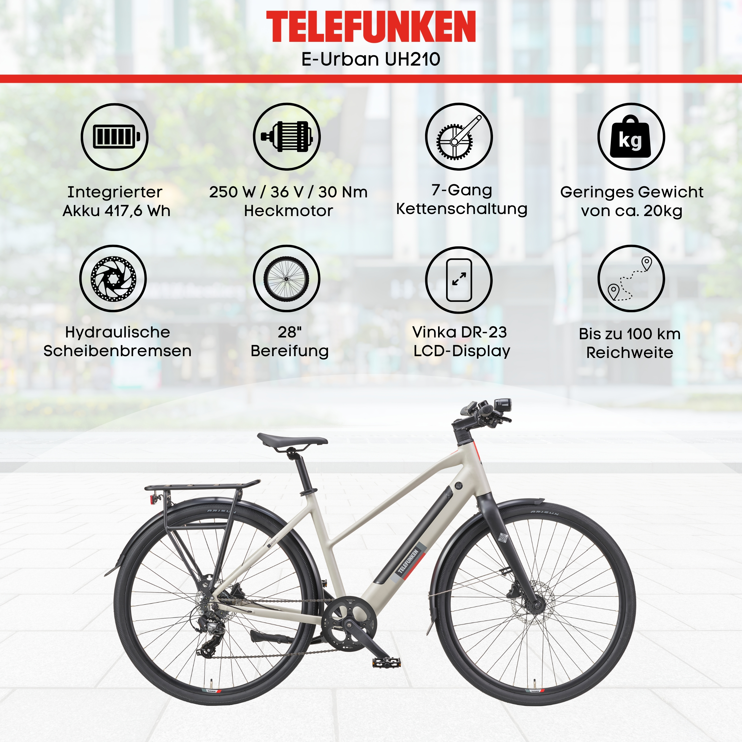 E-Urban-Fahrrad mit detaillierten Informationen zu Funktionen und Komponenten.