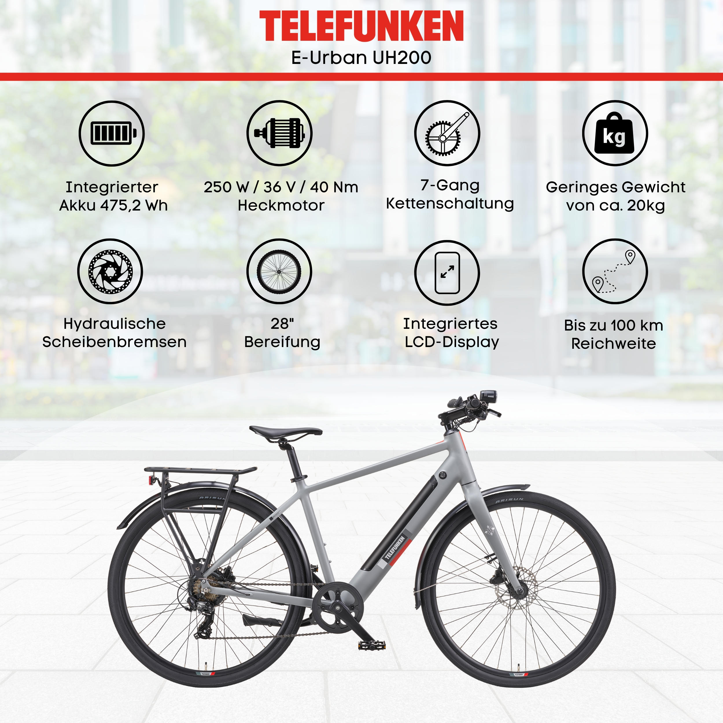 Graues Telefunken E-Bike mit schwarzen Reifen und Details, einschließlich Akku, Motor und LCD-Display.