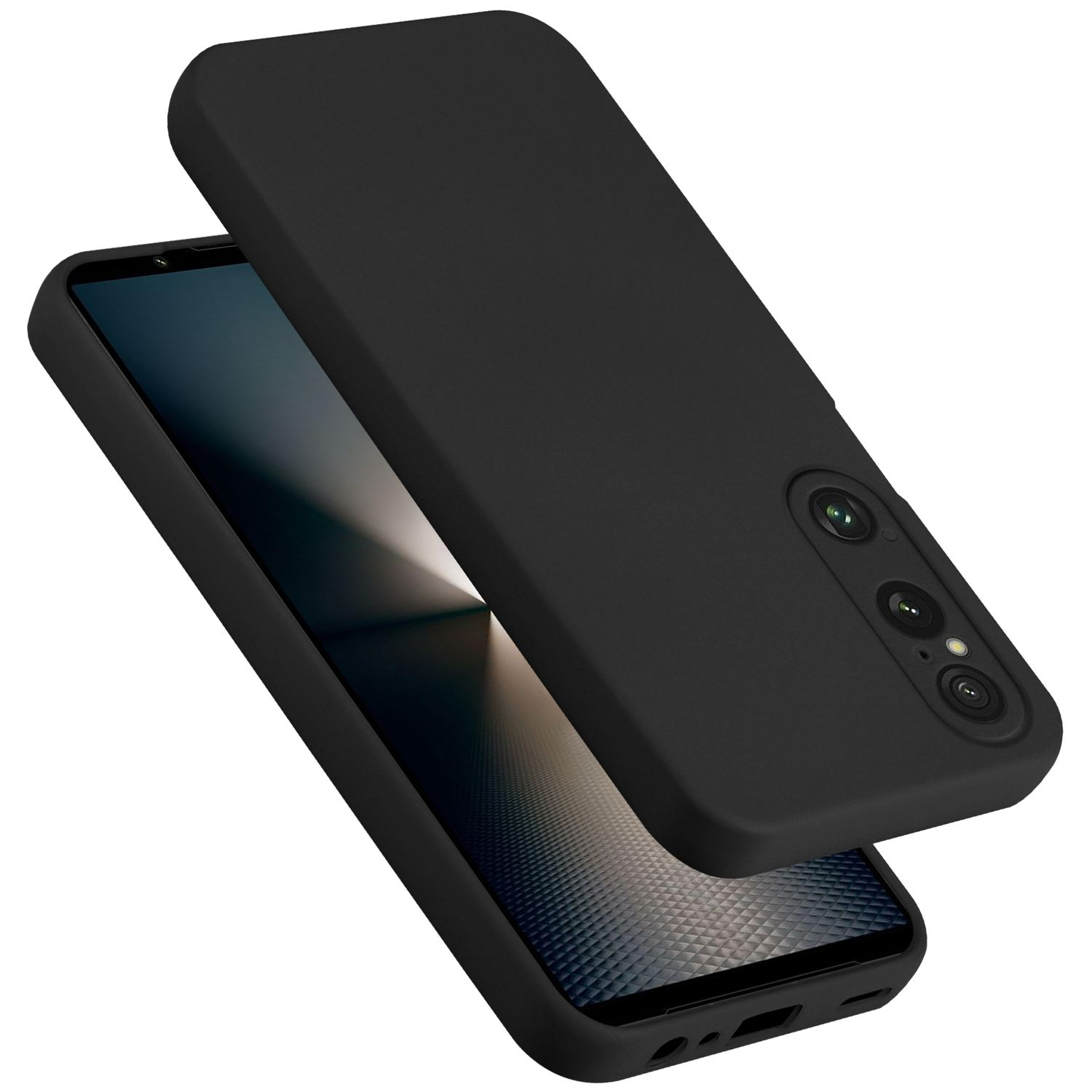 Telefono nero con custodia protettiva. Sono visibili due fotocamere. La custodia è leggermente staccata dal telefono.