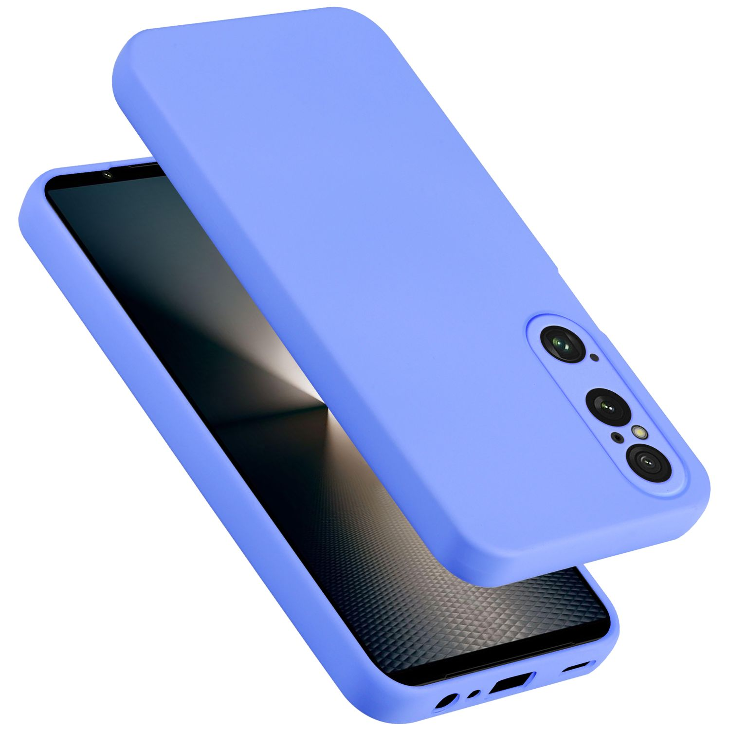 Un telefono viola chiaro e la sua custodia, la custodia fluttuante sopra il telefono.