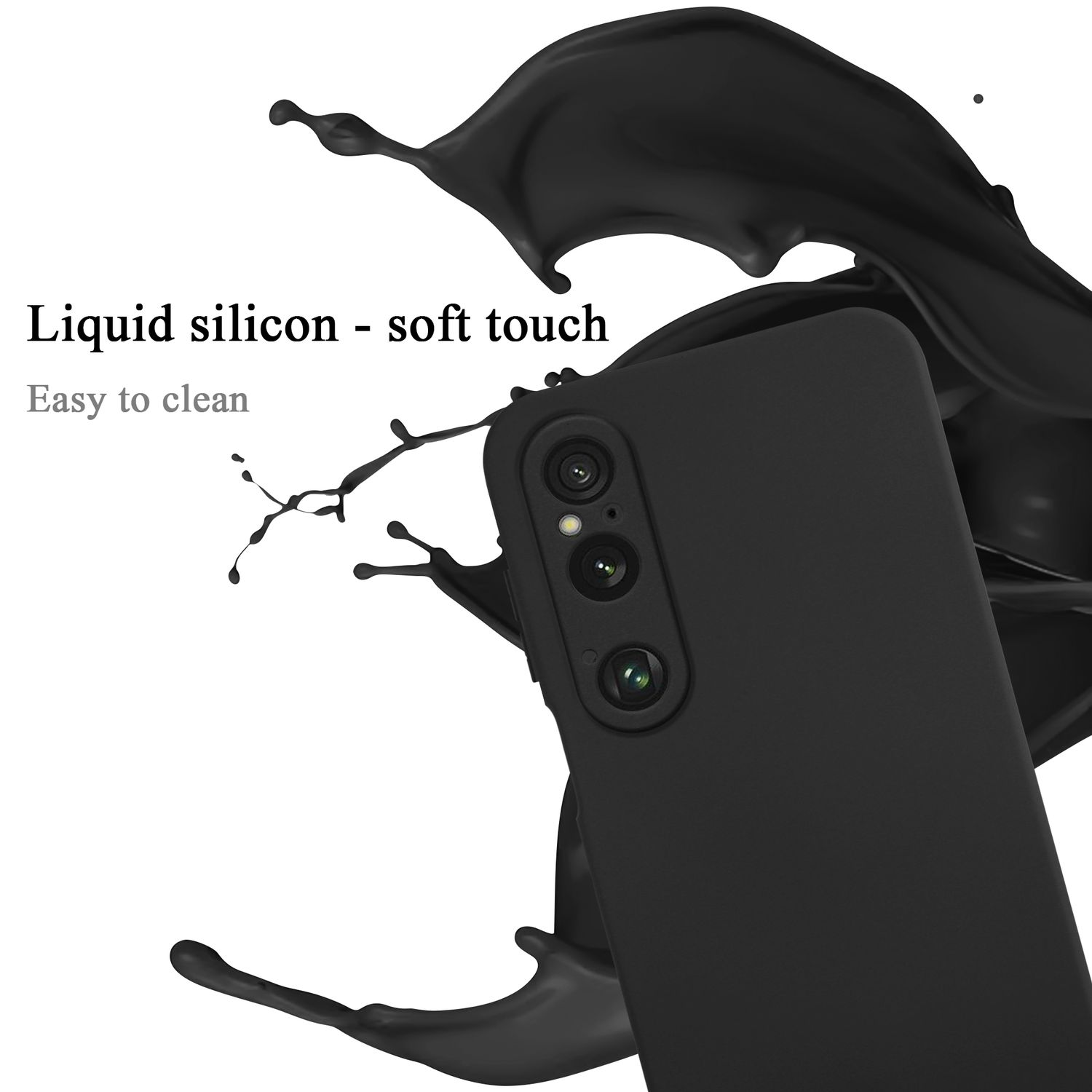 Telefono nero con tre lenti della fotocamera, effetto schizzo di liquido. Testo: Silicone liquido - tocco morbido, facile da pulire.