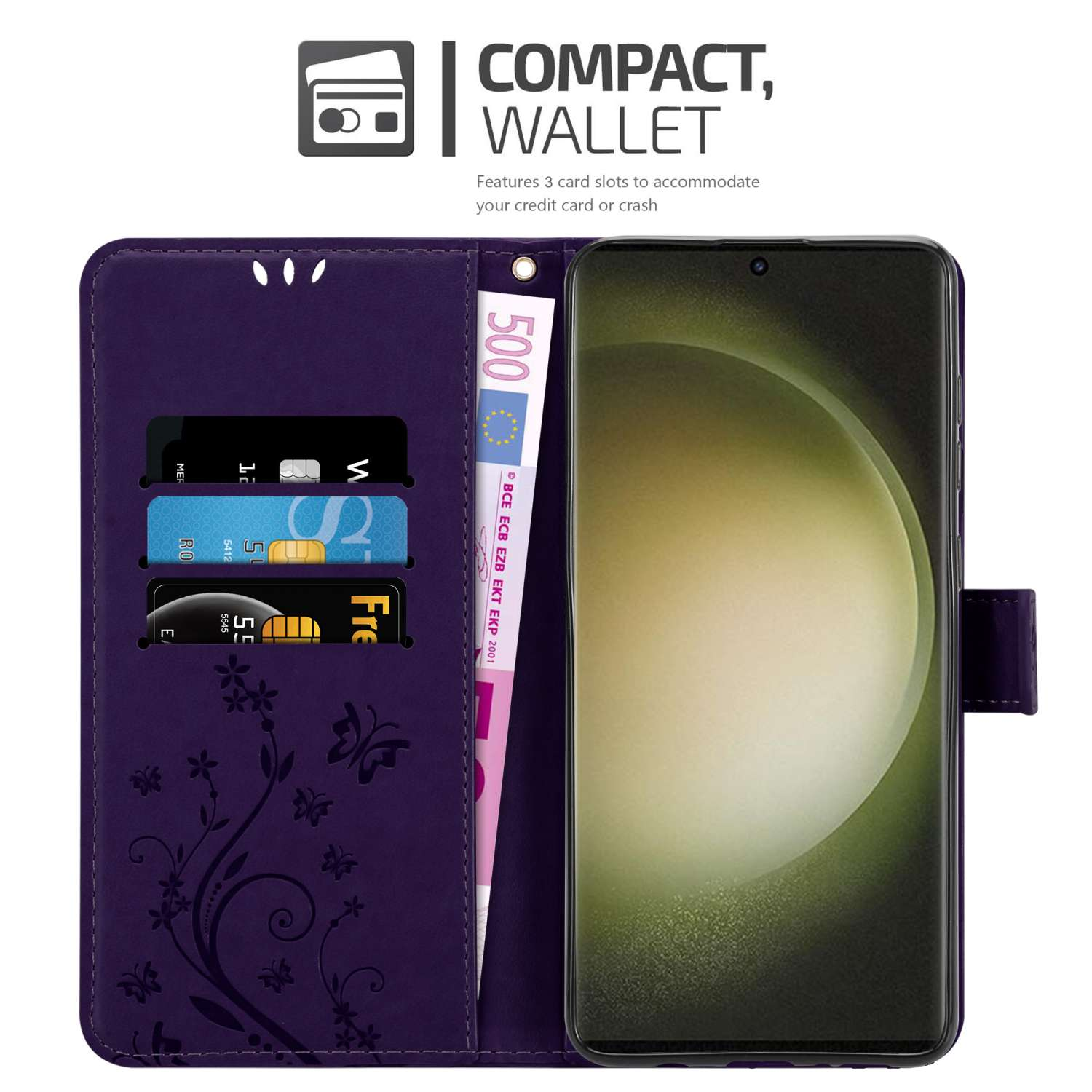 Portafoglio per telefono viola aperto, mostra scomparti per carte, denaro e un telefono. Design compatto del portafoglio.