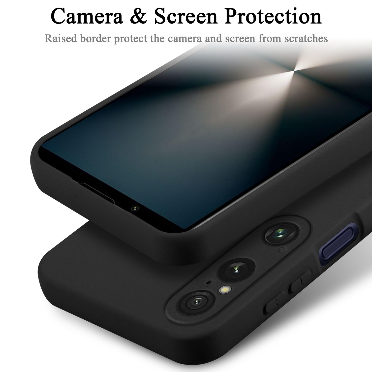 Custodia nera per telefono con bordi rialzati, protegge la fotocamera e lo schermo. Telefono dentro.