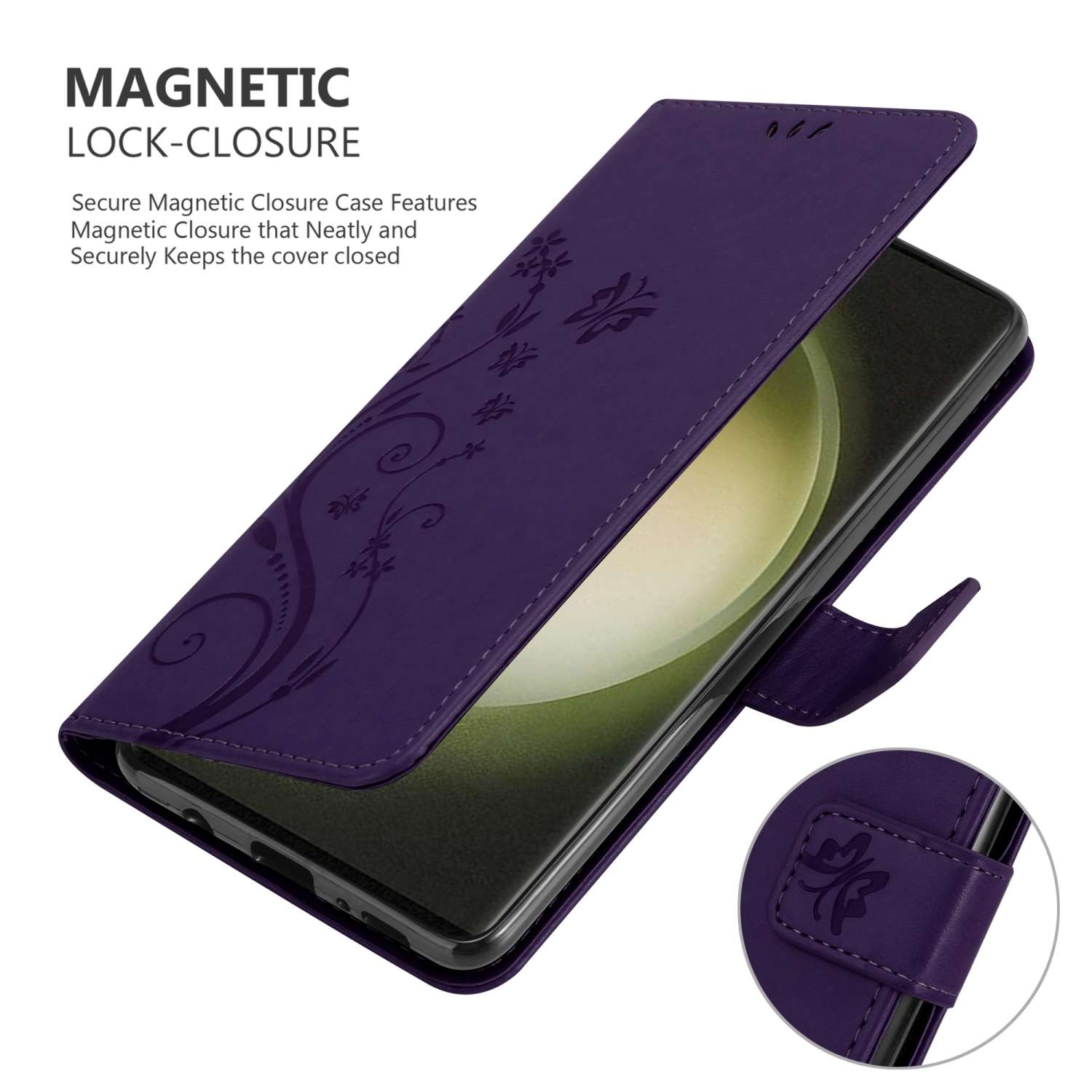 Una custodia per telefono viola con un design floreale viene mostrata aperta, rivelando un telefono.