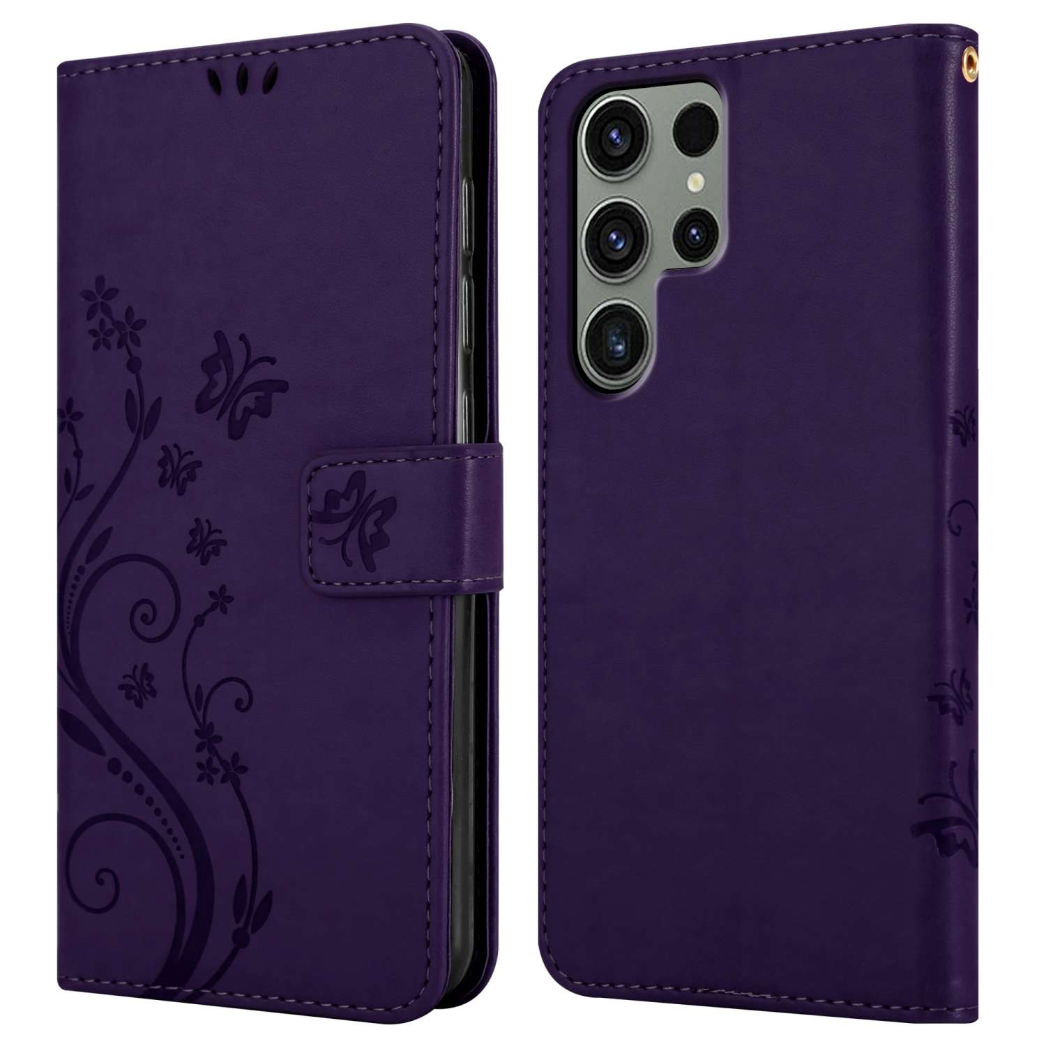 Custodia per telefono viola, design floreale, con chiusura magnetica e un telefono con tripla fotocamera.