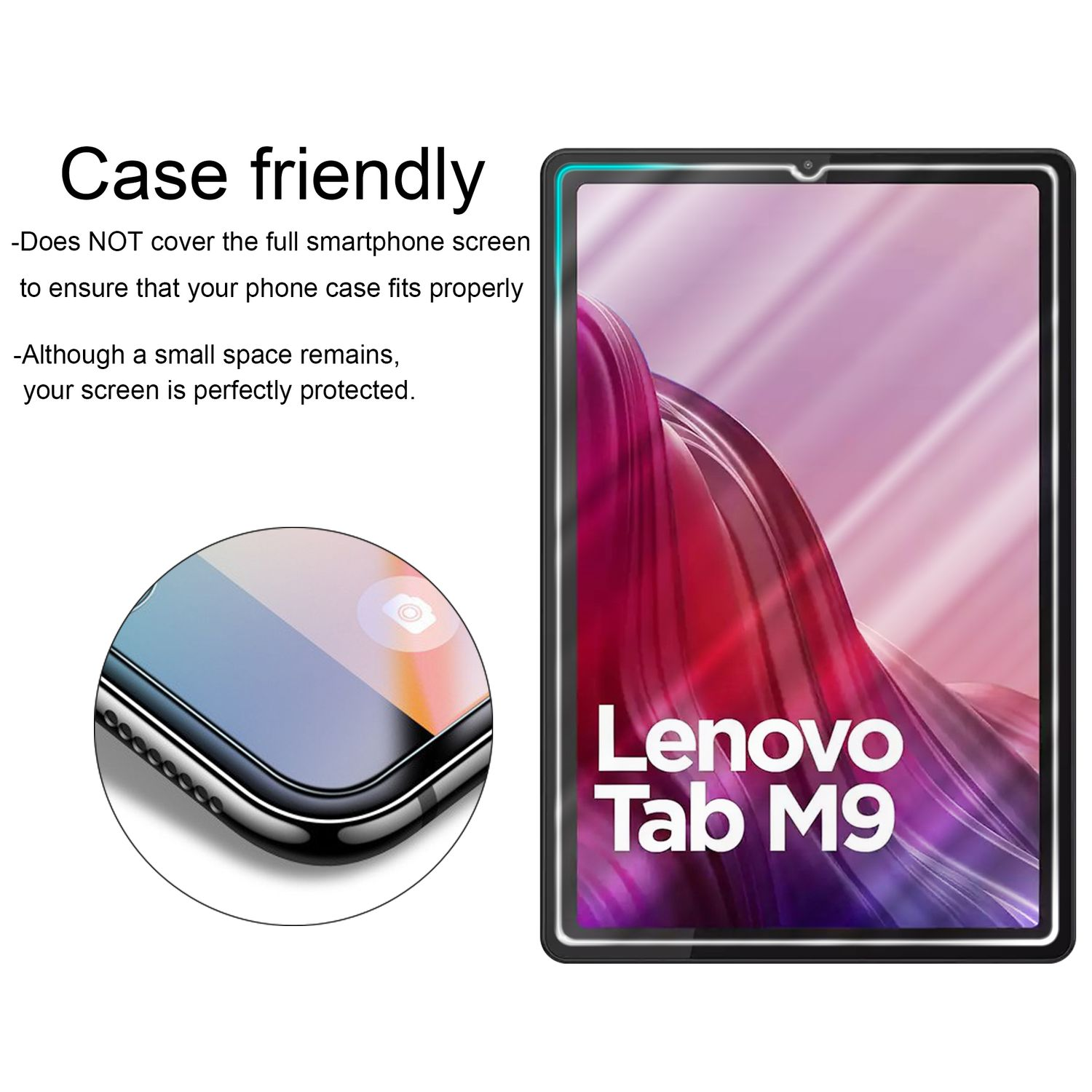 Proteggi schermo per tablet con dettaglio schermo telefono. Testo: Case friendly, Lenovo Tab M9.