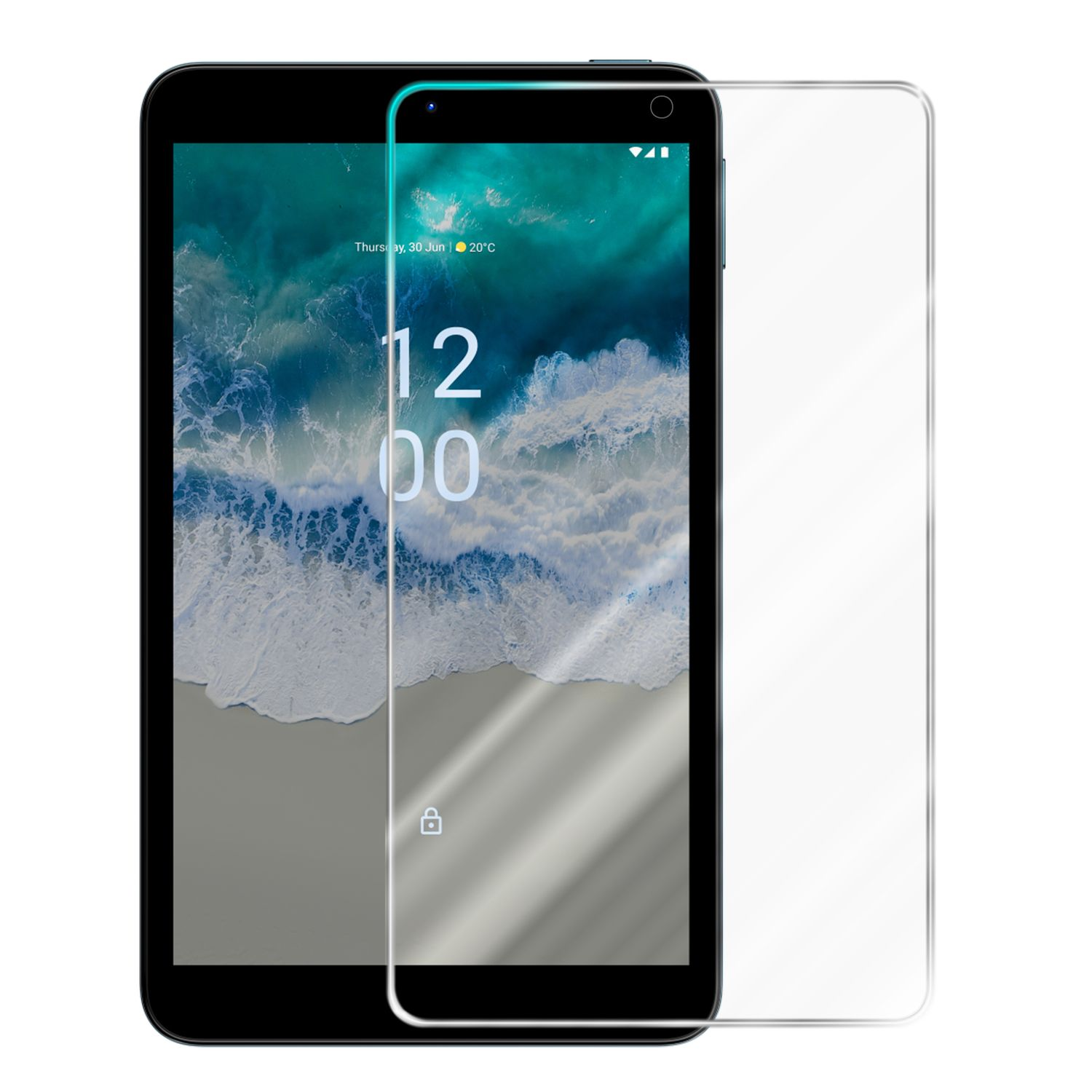 Smartphone nero con protezione schermo. Lo schermo mostra ora, data e un'icona a lucchetto. Sfondo bianco.