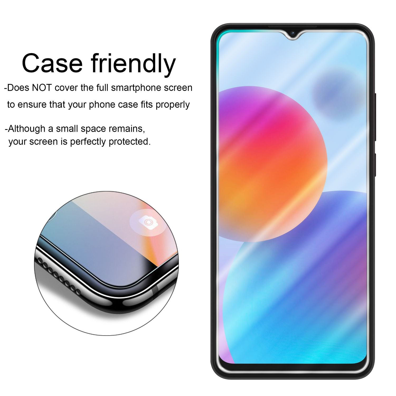 Proteggi schermo per telefono con sfondo colorato e testo: 'Case friendly'.