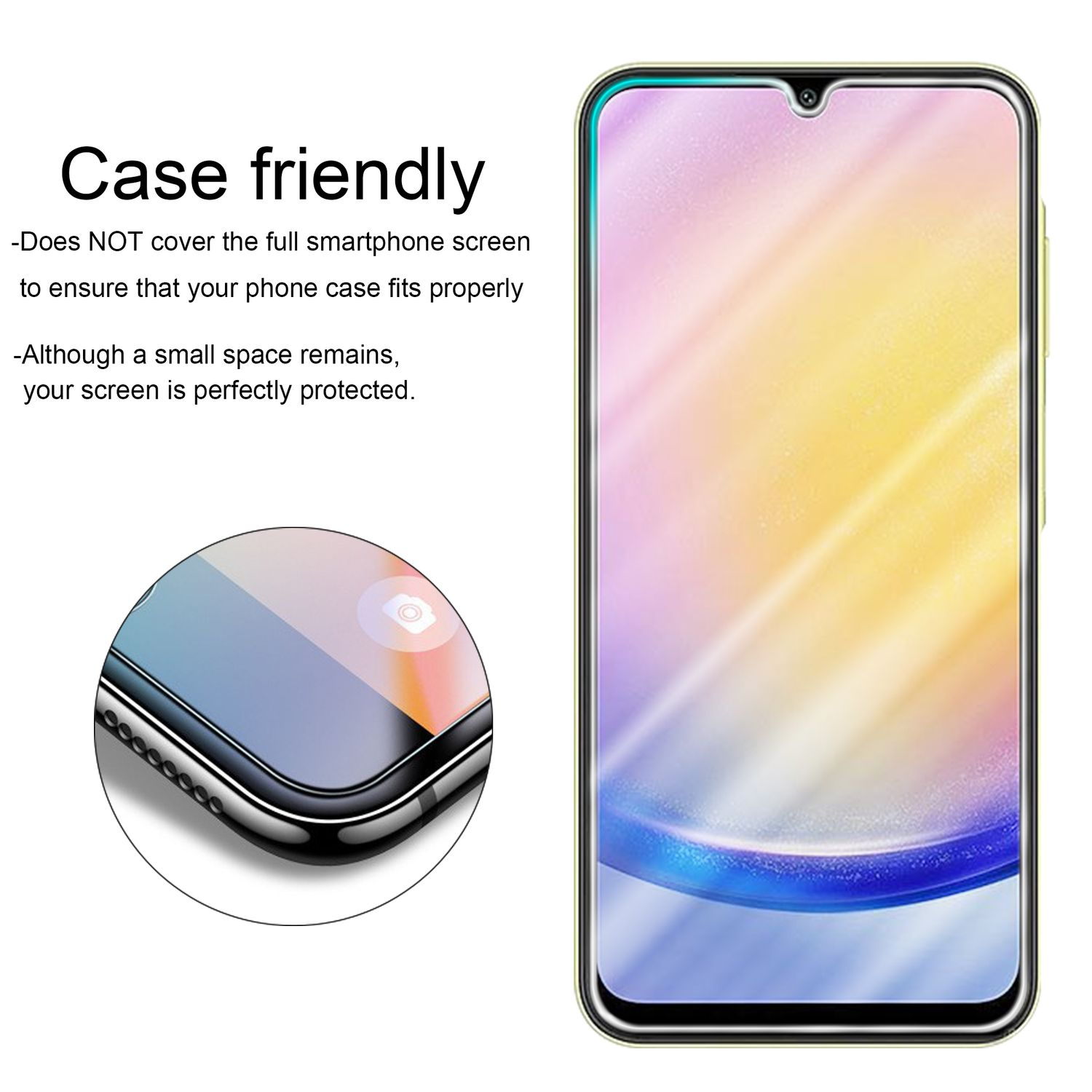 Uno schermo di smartphone con una protezione per lo schermo. Lo schermo mostra un'immagine colorata. Testo: Compatibile con la custodia, protezione schermo.