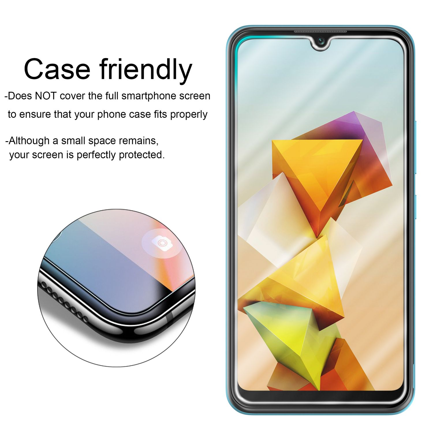Schermo di smartphone, con copertura protettiva. Lo schermo mostra un design astratto colorato.