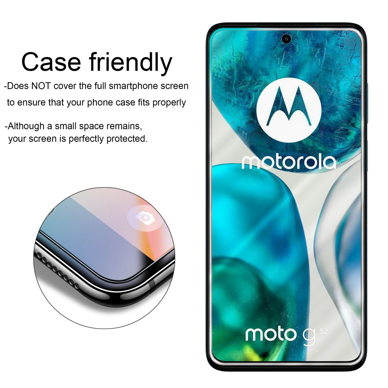 Telefono Motorola con protezione schermo, e primo piano della protezione.