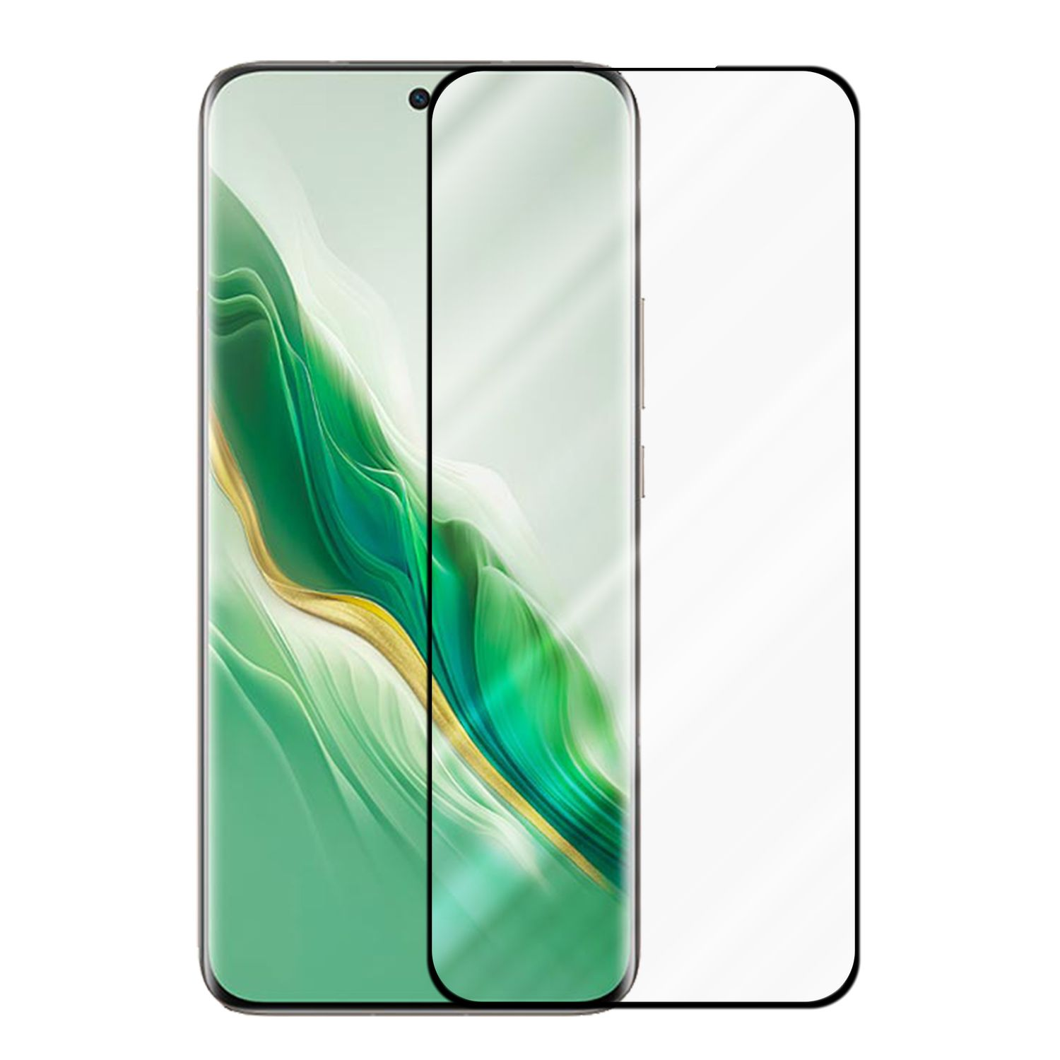 Smartphone nero con protezione schermo. Lo schermo mostra una sfumatura verde chiaro e gialla. Sfondo bianco.