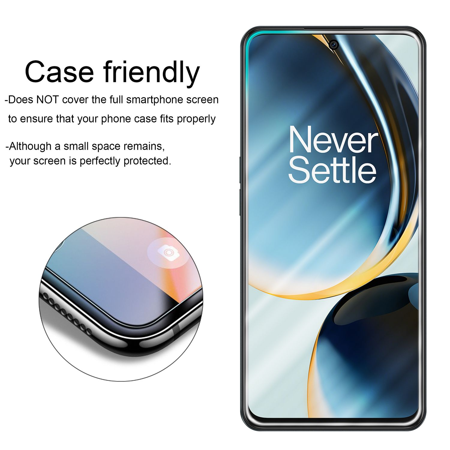Uno schermo di smartphone con un bordo curvo è accanto a un telefono con una protezione per lo schermo, il testo "Never Settle" è visibile.