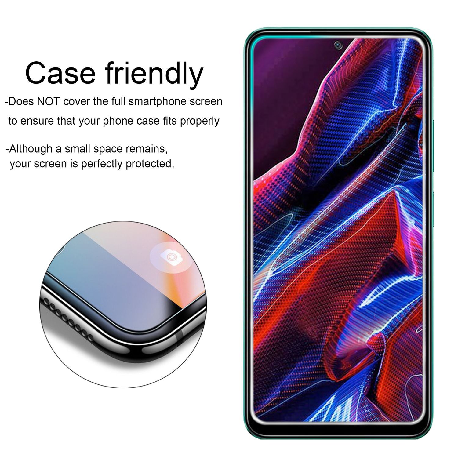 Telefono con protezione schermo, che mostra la protezione sullo schermo. Design compatibile con la custodia.