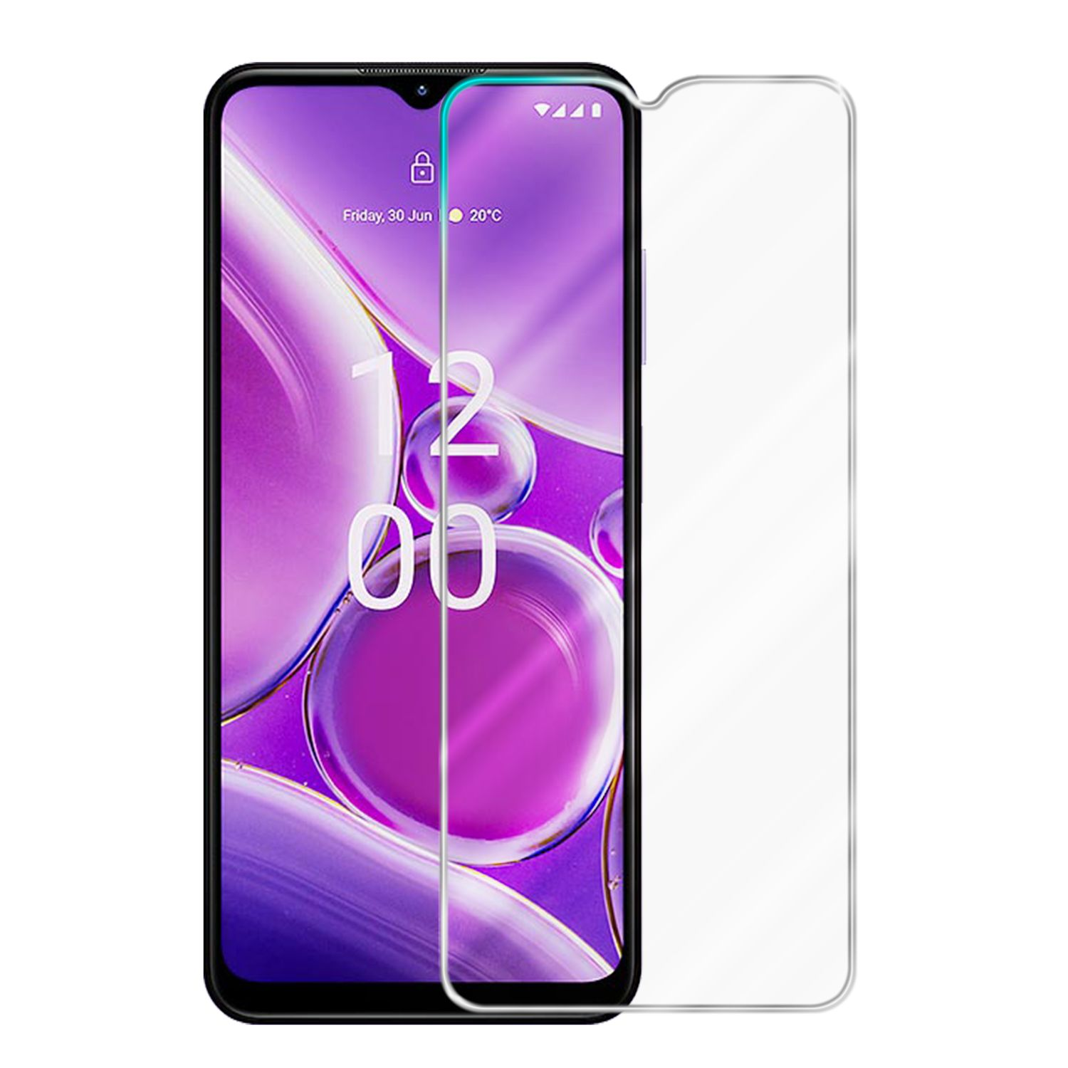 Telefono nero con protezione schermo, plastica trasparente e schermo visibile.