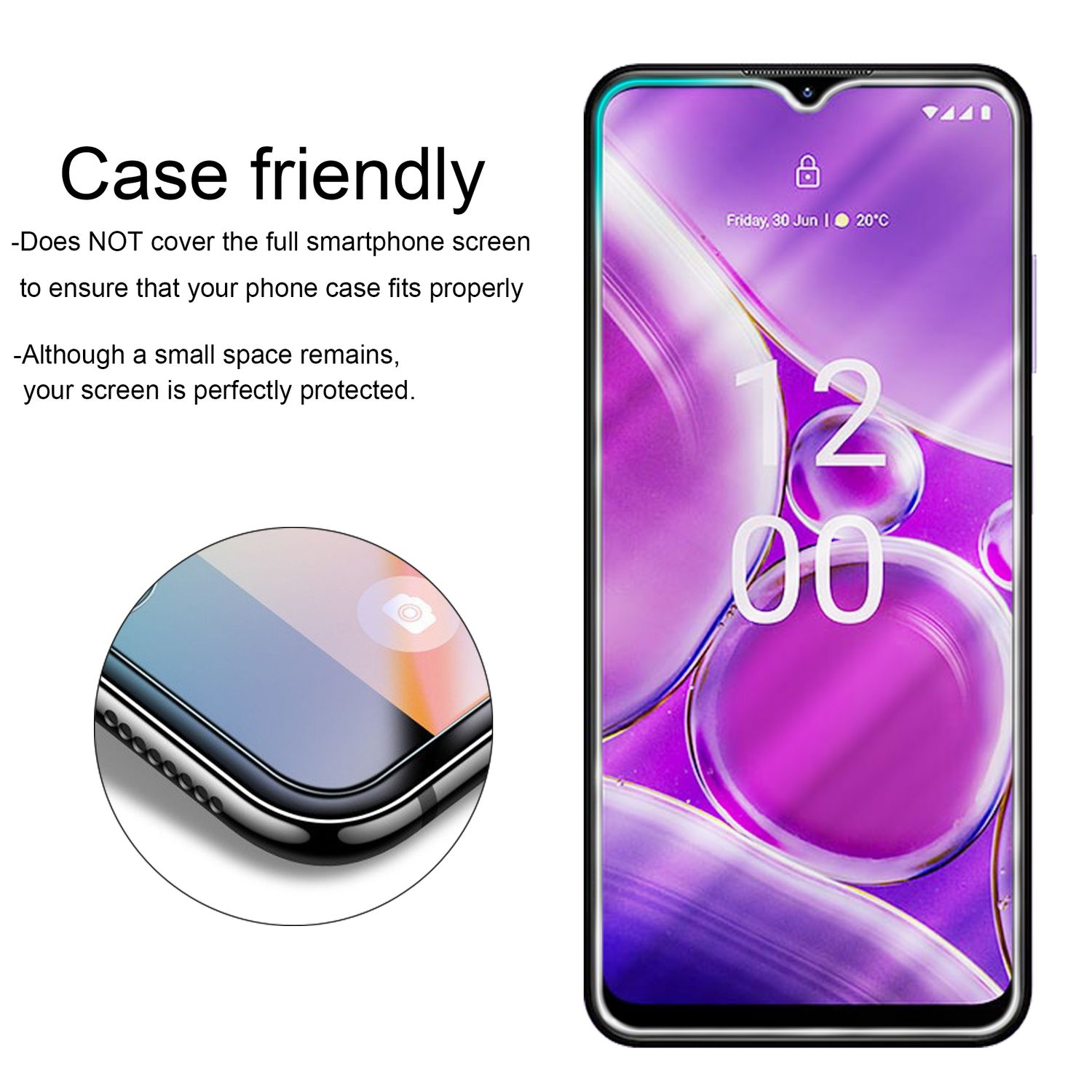 Schermo dello smartphone con una protezione per lo schermo. La protezione è sul lato destro.