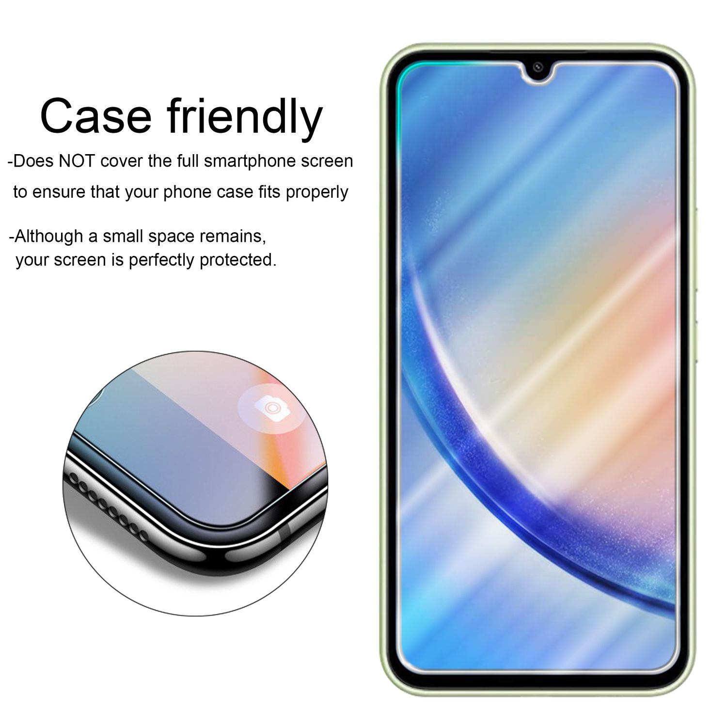 Uno schermo di smartphone con un protettore applicato e un primo piano del bordo.