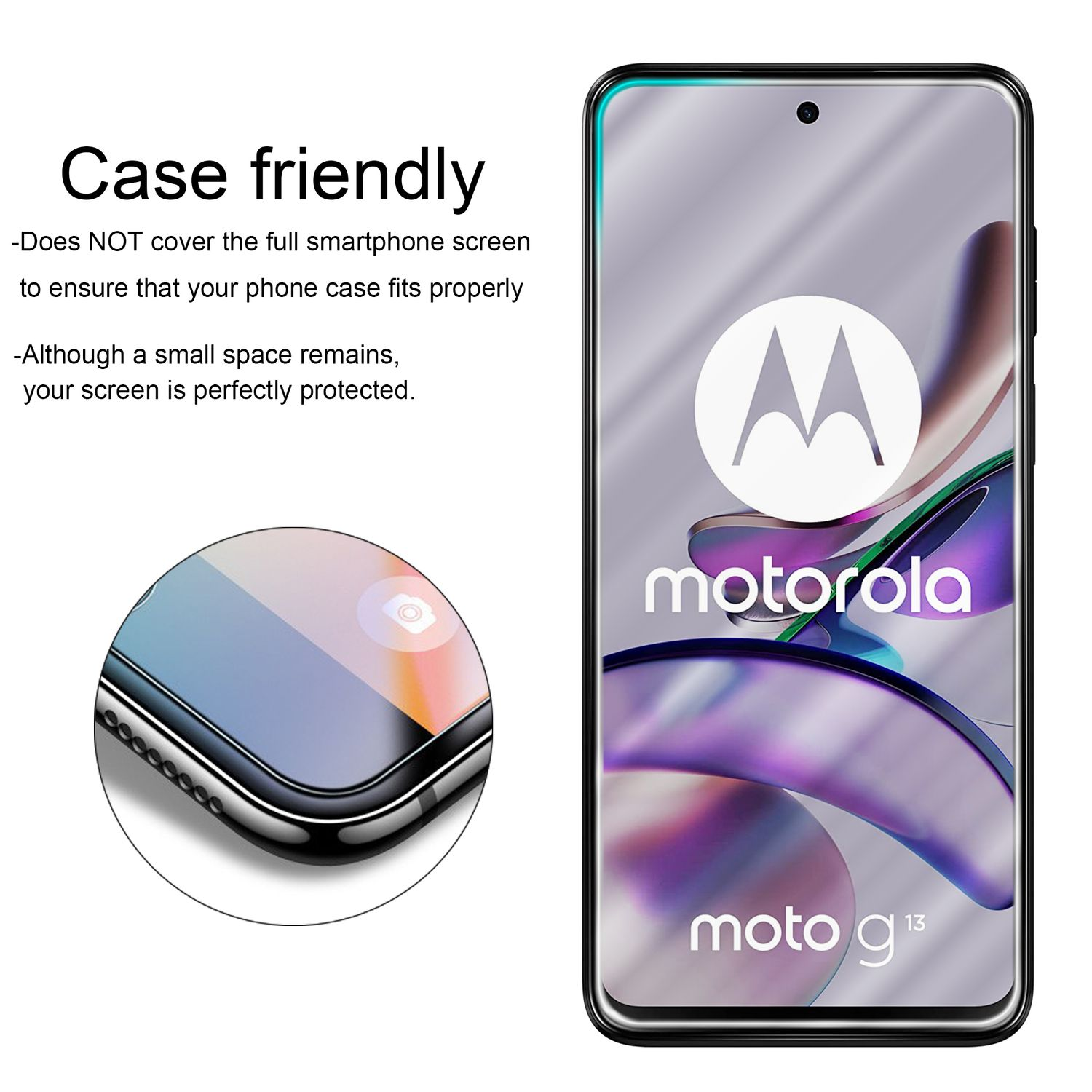 Schermo smartphone con protezione, logo Motorola e modello Moto G13.