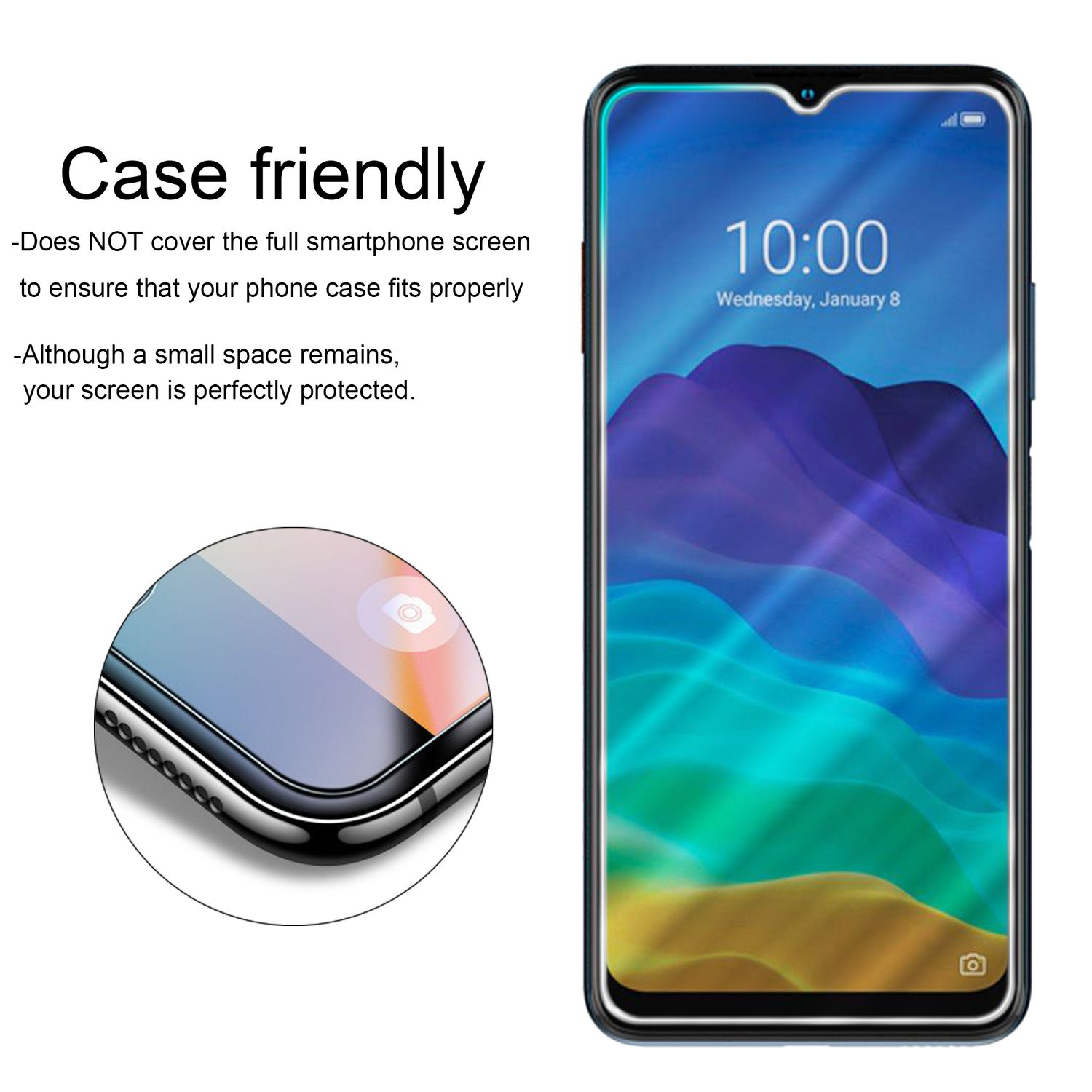 Uno smartphone con una protezione per lo schermo, che mostra un display dell'ora 10:00 e uno sfondo colorato.