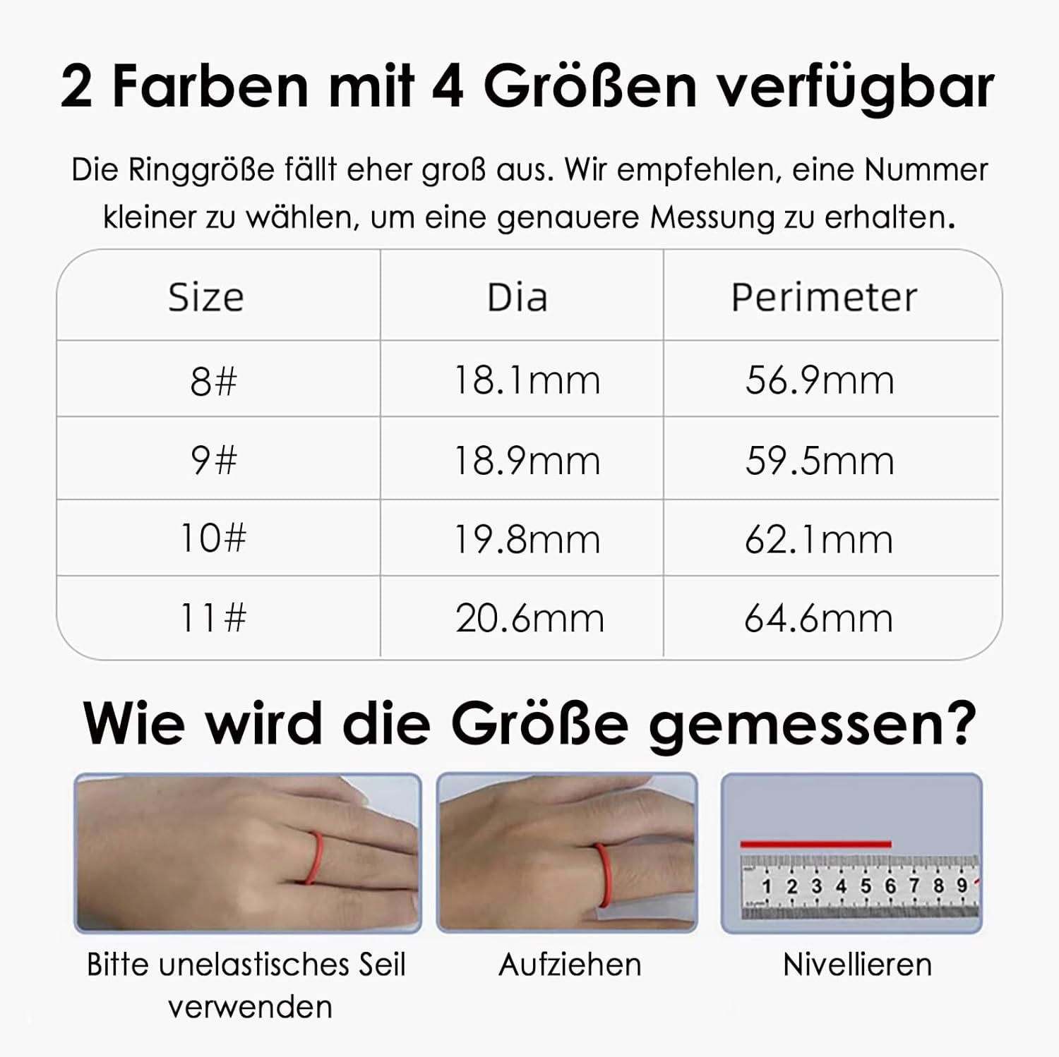 Eine Ringgrößentabelle mit Größen-, Durchmesser- und Umfangsmessungen. Drei Bilder zur Messung.
