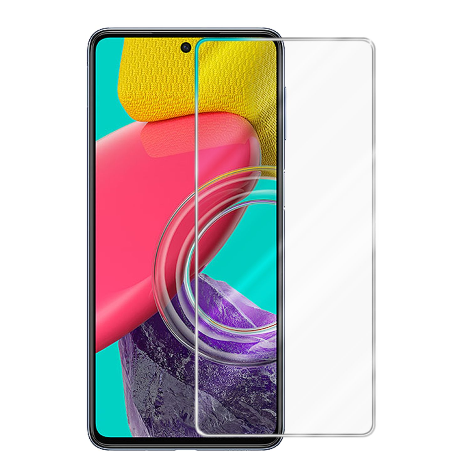 Telefono con protezione schermo applicata, che mostra uno sfondo astratto colorato.