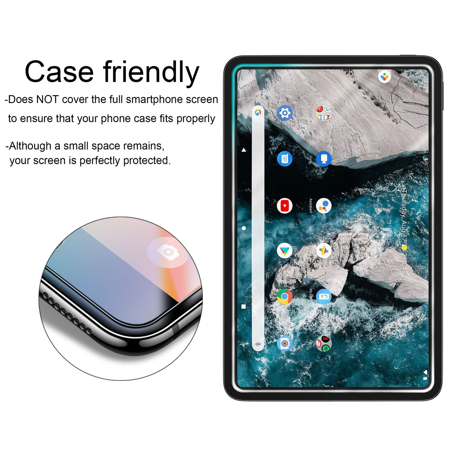 Tablet con protezione schermo e custodia, mostra una schermata iniziale.
