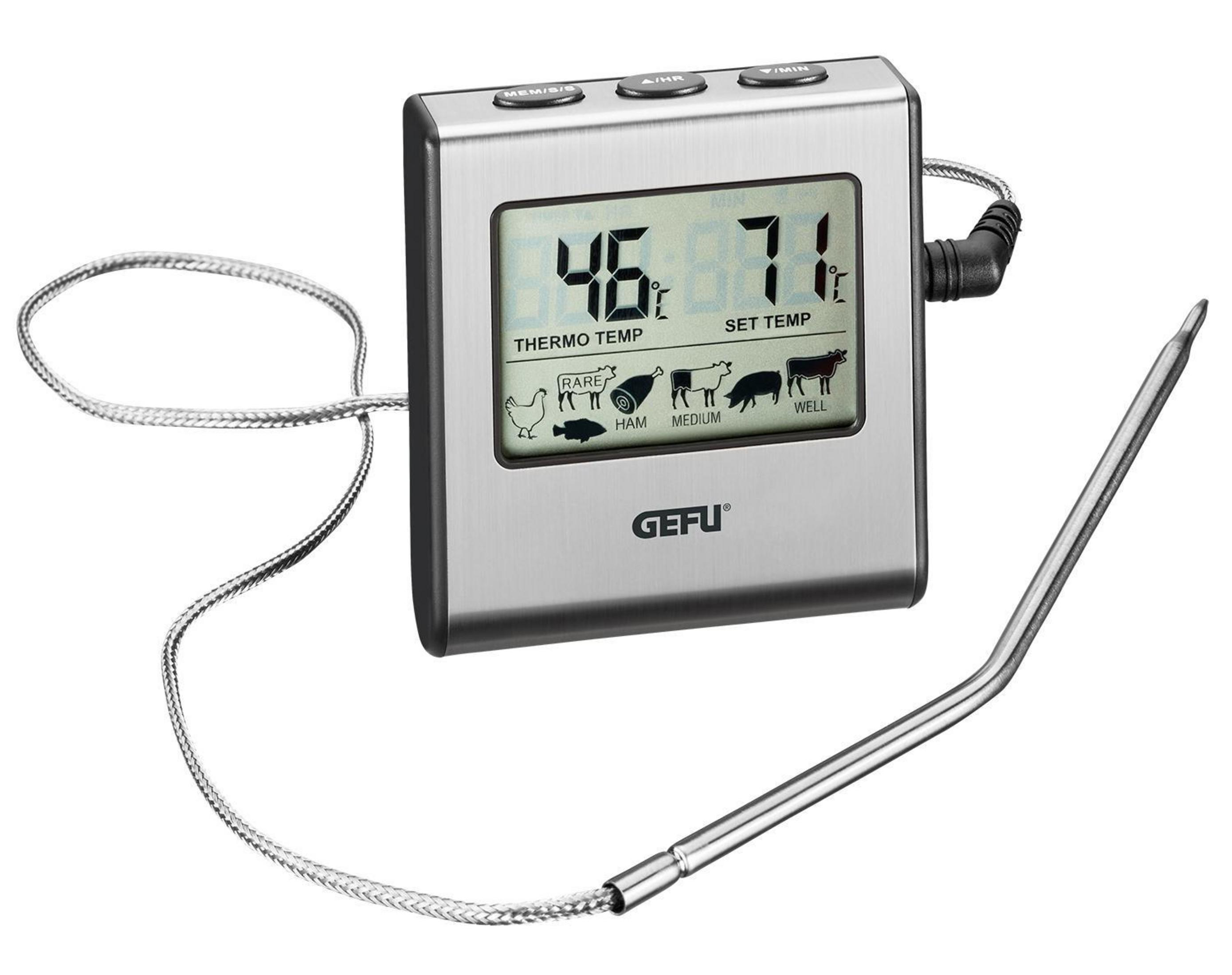 Digitales Lebensmitteltemperaturmessgerät. Zeigt Temperatur mit Sonde.