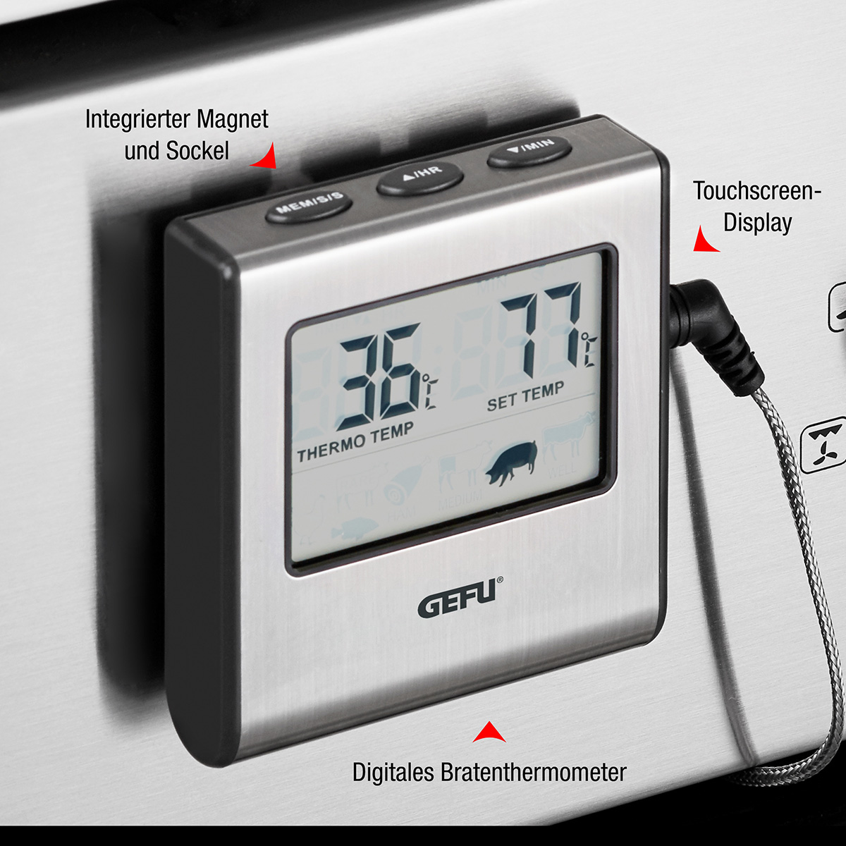 Digitales Fleischthermometer mit Anzeige von 36,7°C und 77°C. Text: digitales Fleischthermometer. Grau.