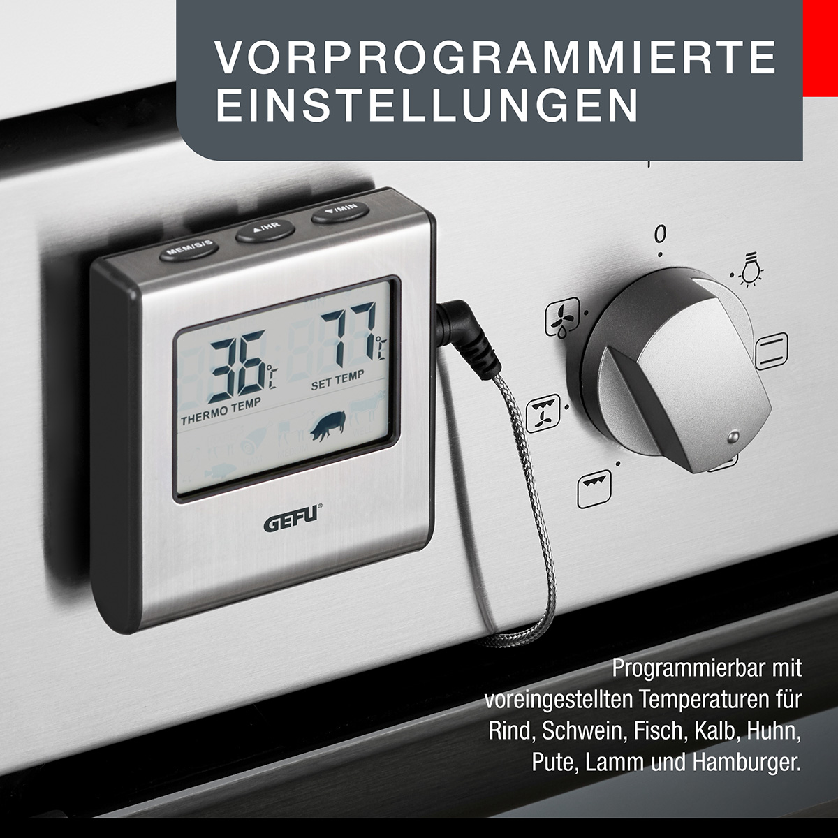 Digitales Lebensmitteltemperaturmessgerät in einer Küche. Zeigt Temperatur. Text: Vorprogrammierte Einstellungen.