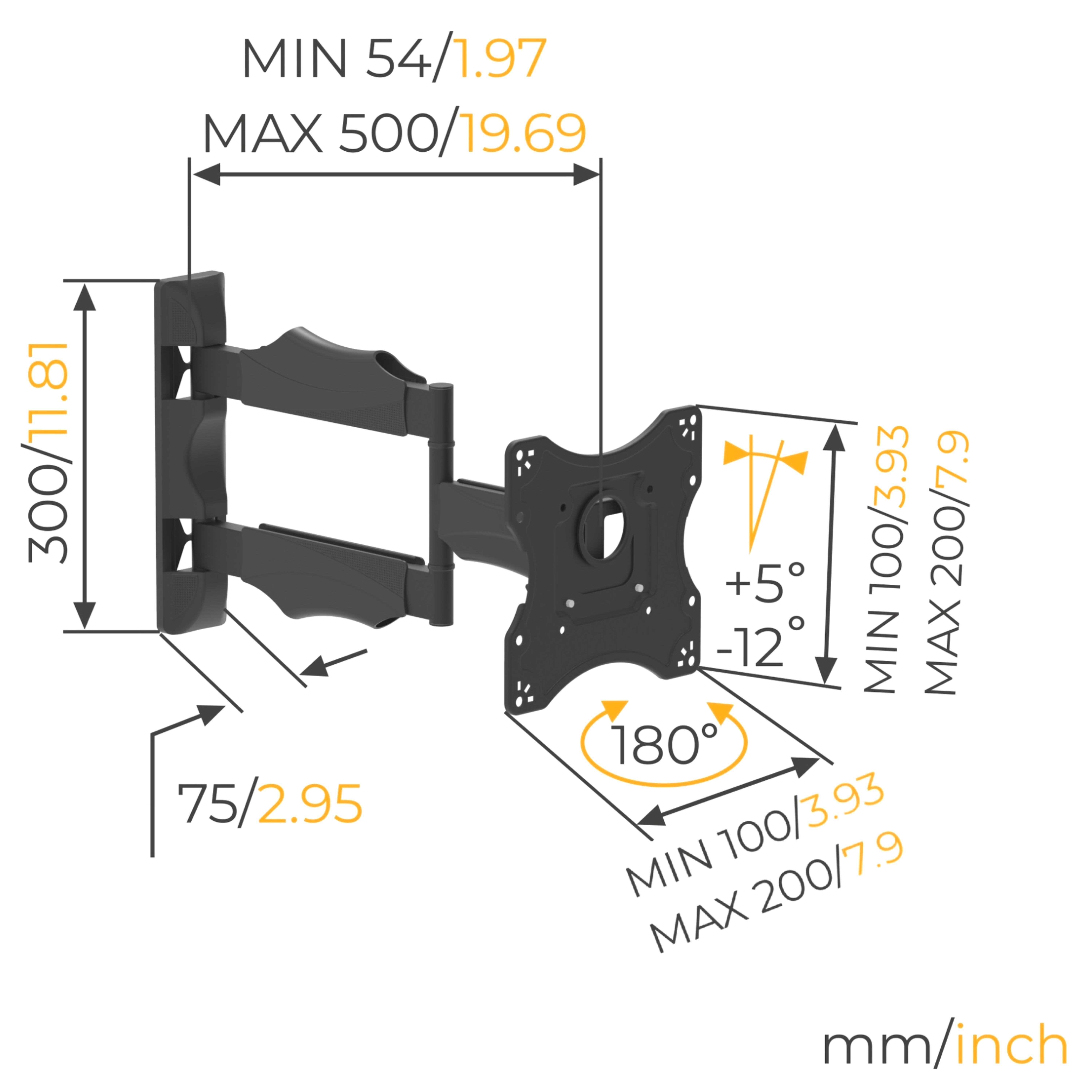 Uchwyt ścienny z wymiarami w mm/calach. Czarny kolor. Tekst i strzałki.