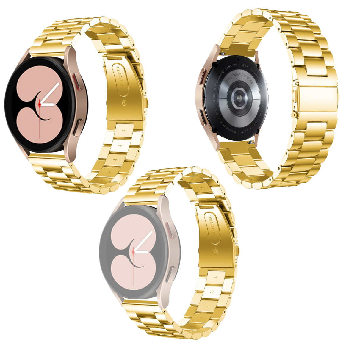 Drei Ansichten eines goldenen Uhrenarmbands mit rosafarbenem Zifferblatt.
