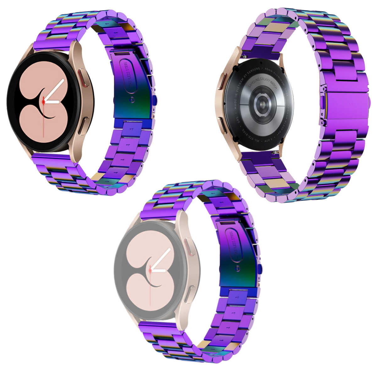 Drei Ansichten einer Smartwatch mit einem bunten Armband, wobei der Fokus auf der Uhr und den Banddetails liegt.