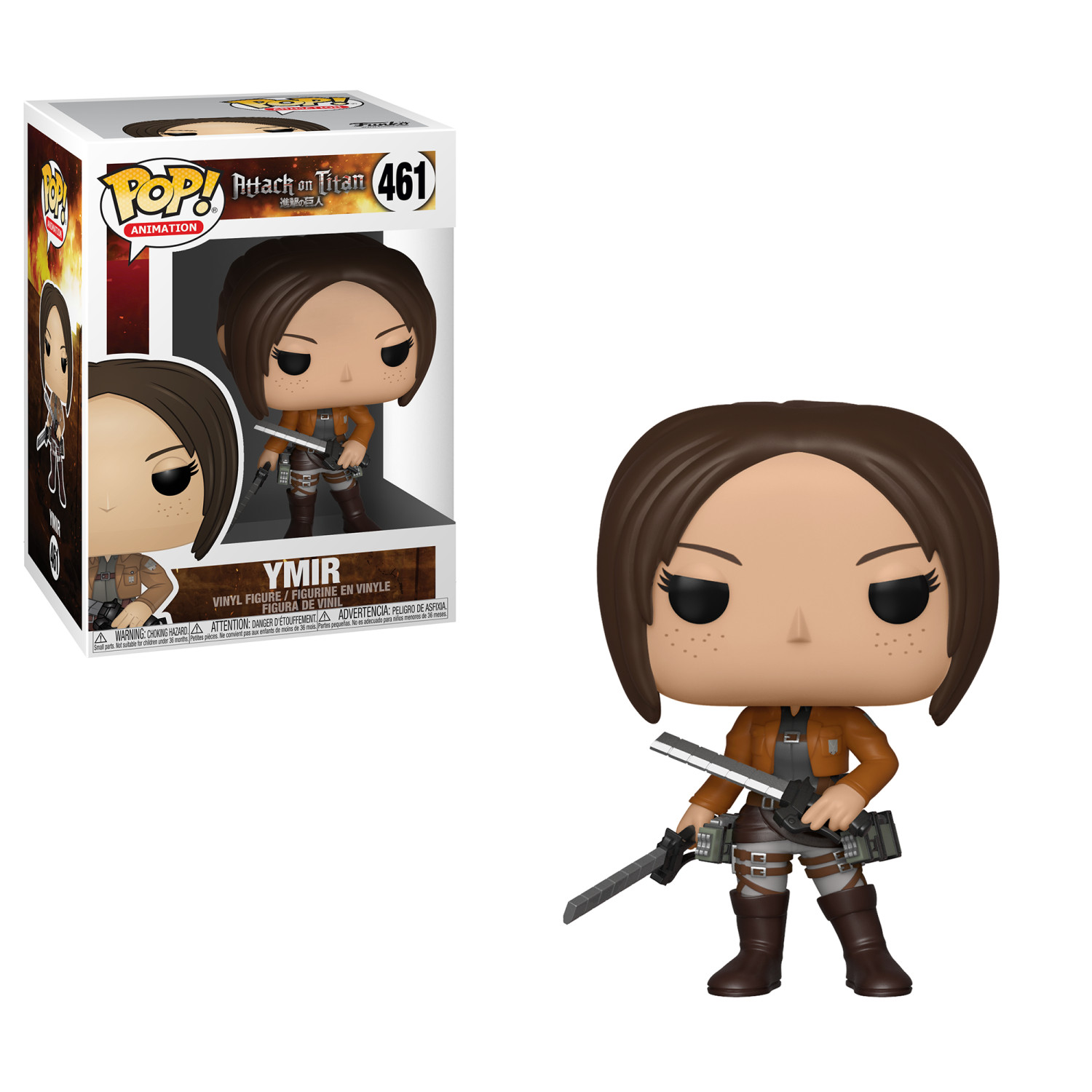 Ymir-Figur aus dem Anime Attack on Titan. Figur in der Box und freistehend. Ymir hält Klingen, braune Jacke.
