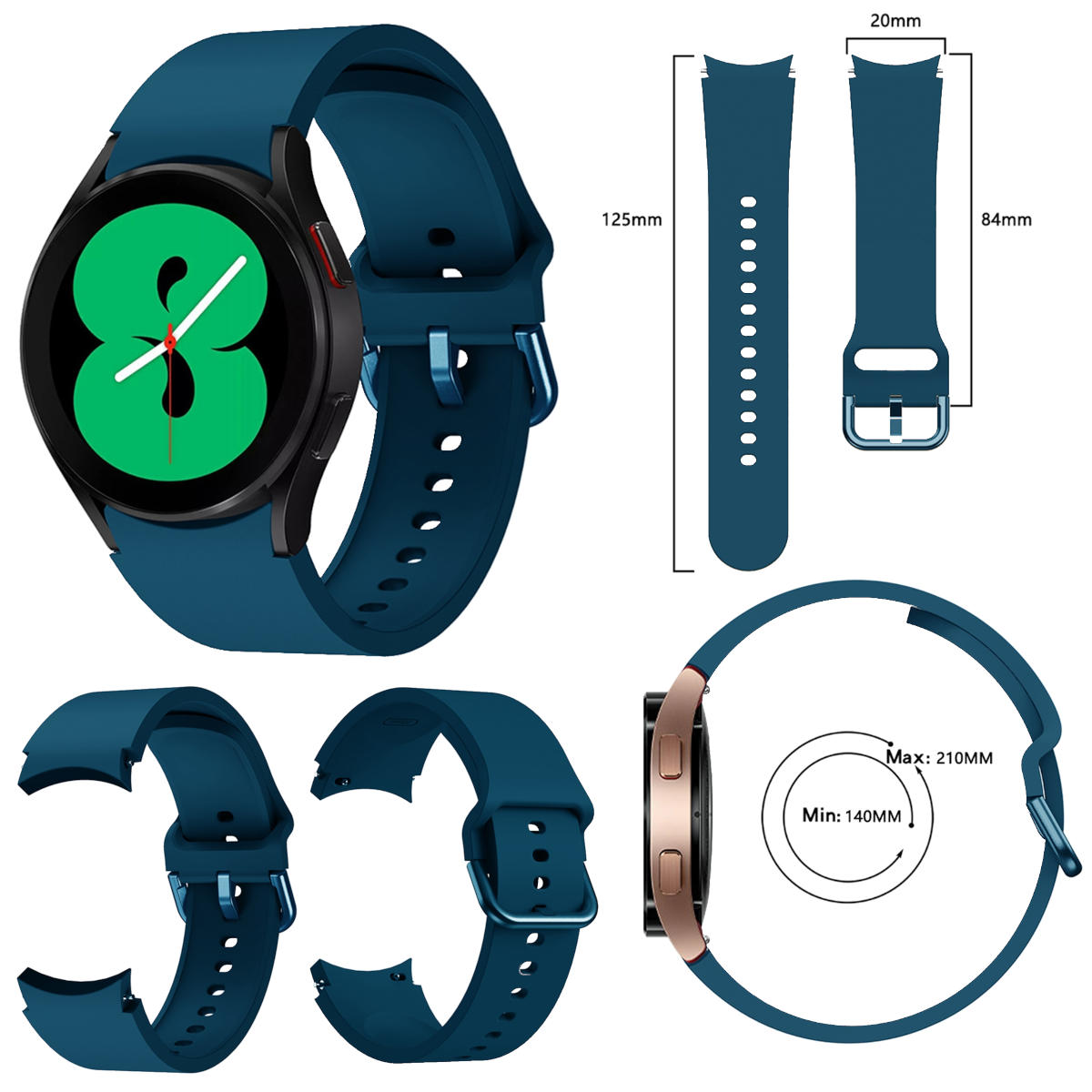 Blaue Smartwatch mit Armband und Maßdiagrammen.